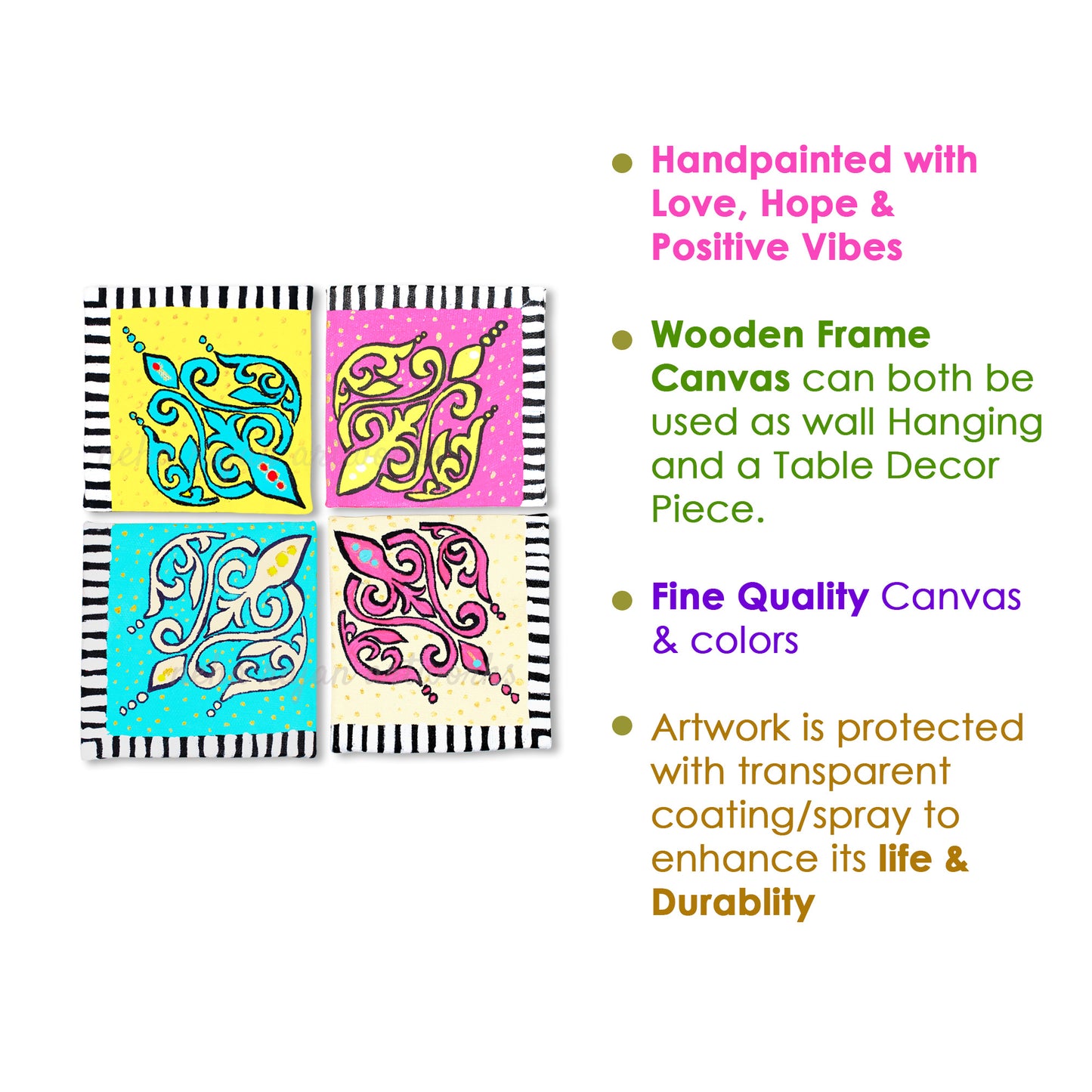 Neha Rajan Artworks Original Handmade Colorful Floral Series Hand Painted On Canvas Frame 4*4(Set of 4)