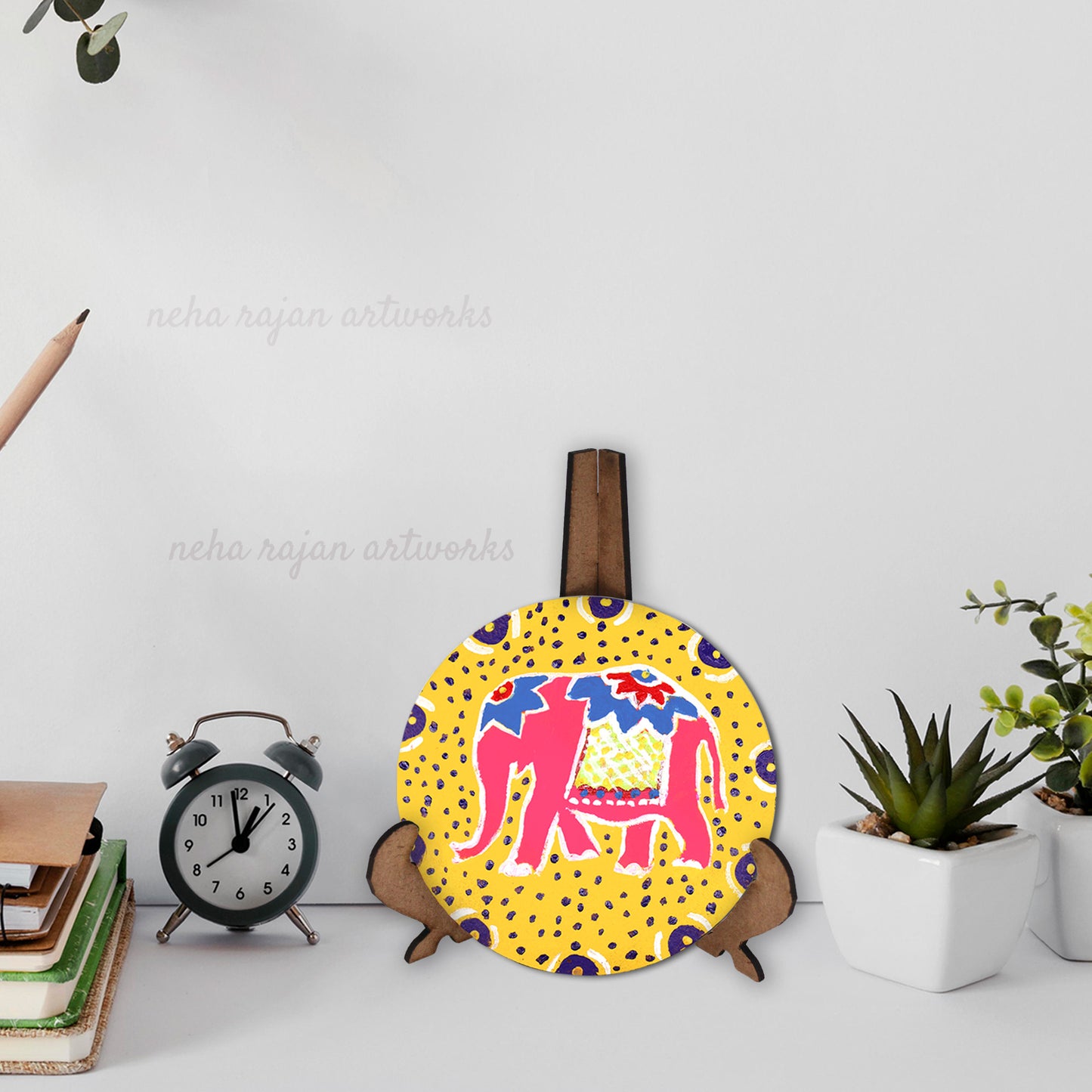Original Wooden Round Coffee/ Tea Coasters Set- Handcrafted & Hand-Painted Elephant Coaster with Easel for Kitchen/Table & Home Decor/Gifts/Restaurants/Living Room/Coffee Table (Set of 2)