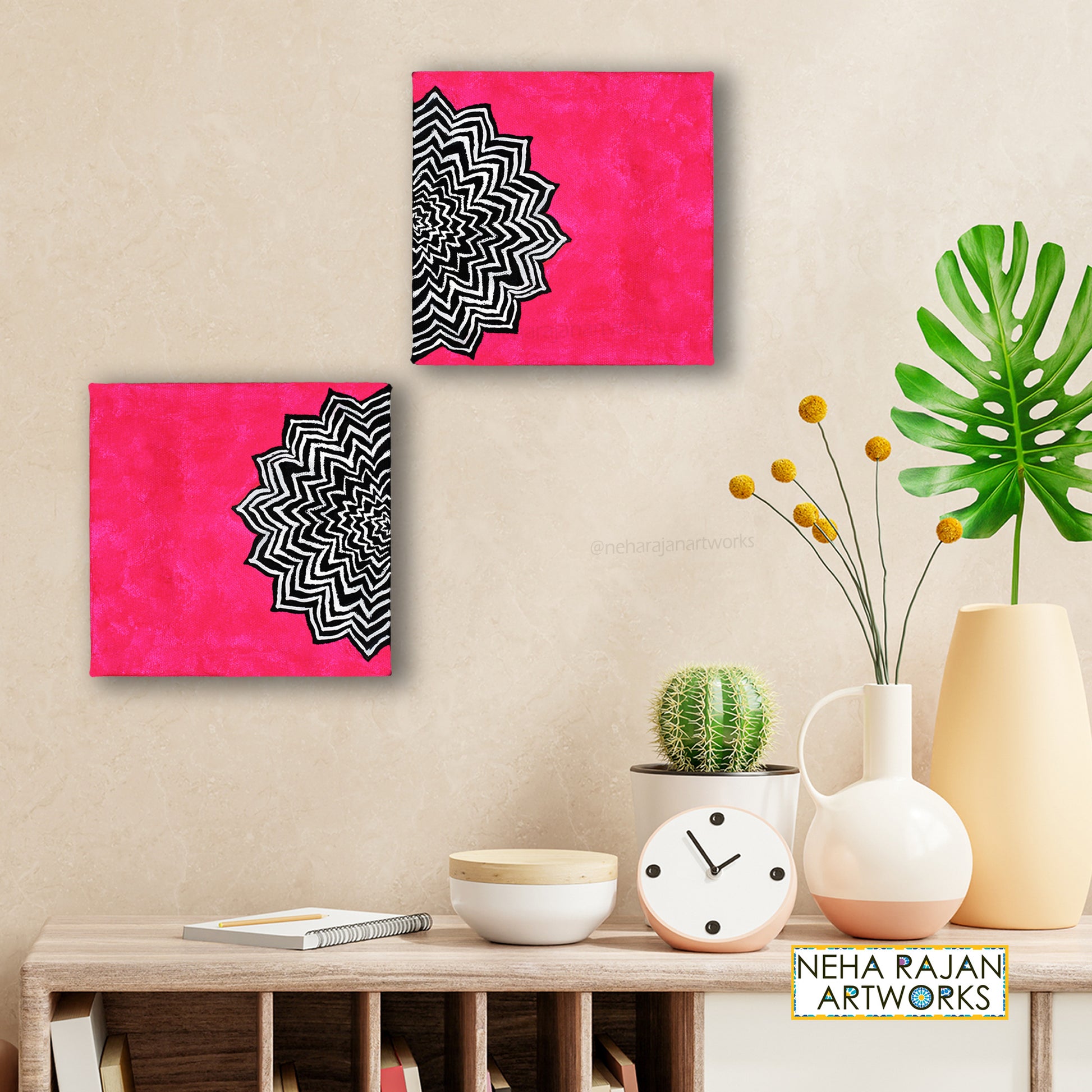 Neha Rajan Artworks Original Handmade Hot Pink Mandala Painting Hand Painted On Canvas Frame 6*6