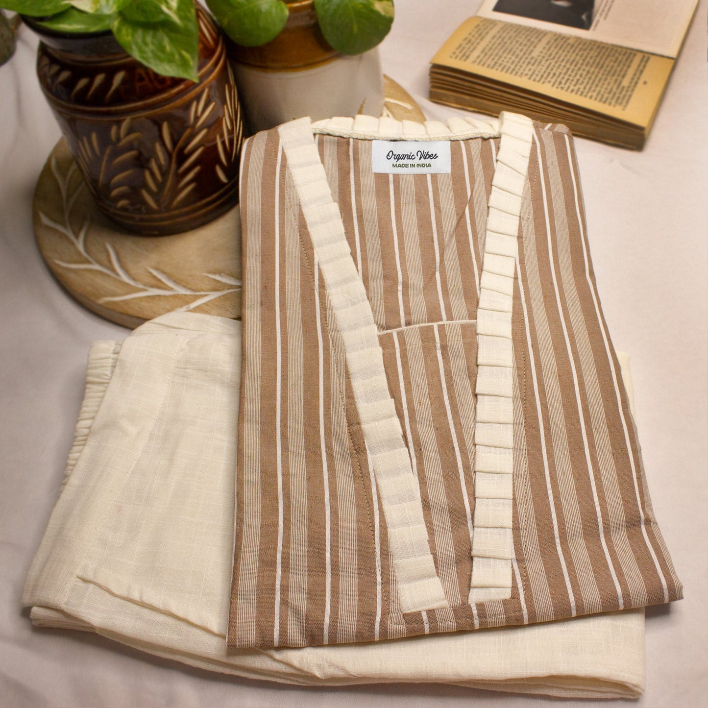 Organic Vibes Brown Handwoven Natural Color Pure Cotton Striped Regular Kurta Set