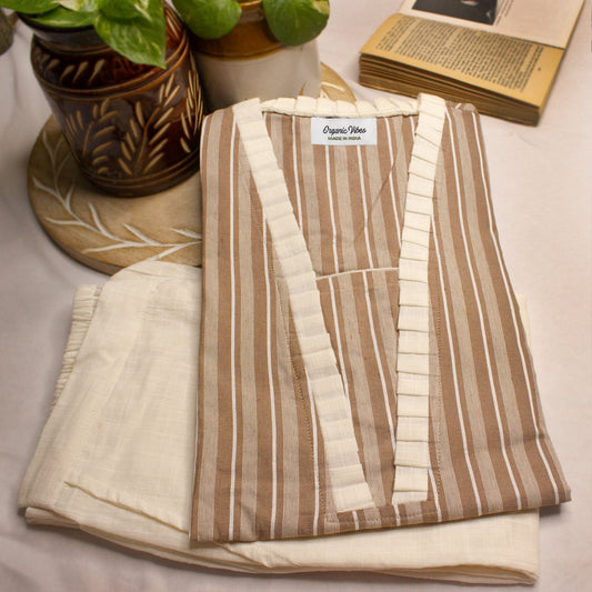 Organic Vibes Brown Handwoven Natural Color  Pure Cotton Striped Regular Kurta Set