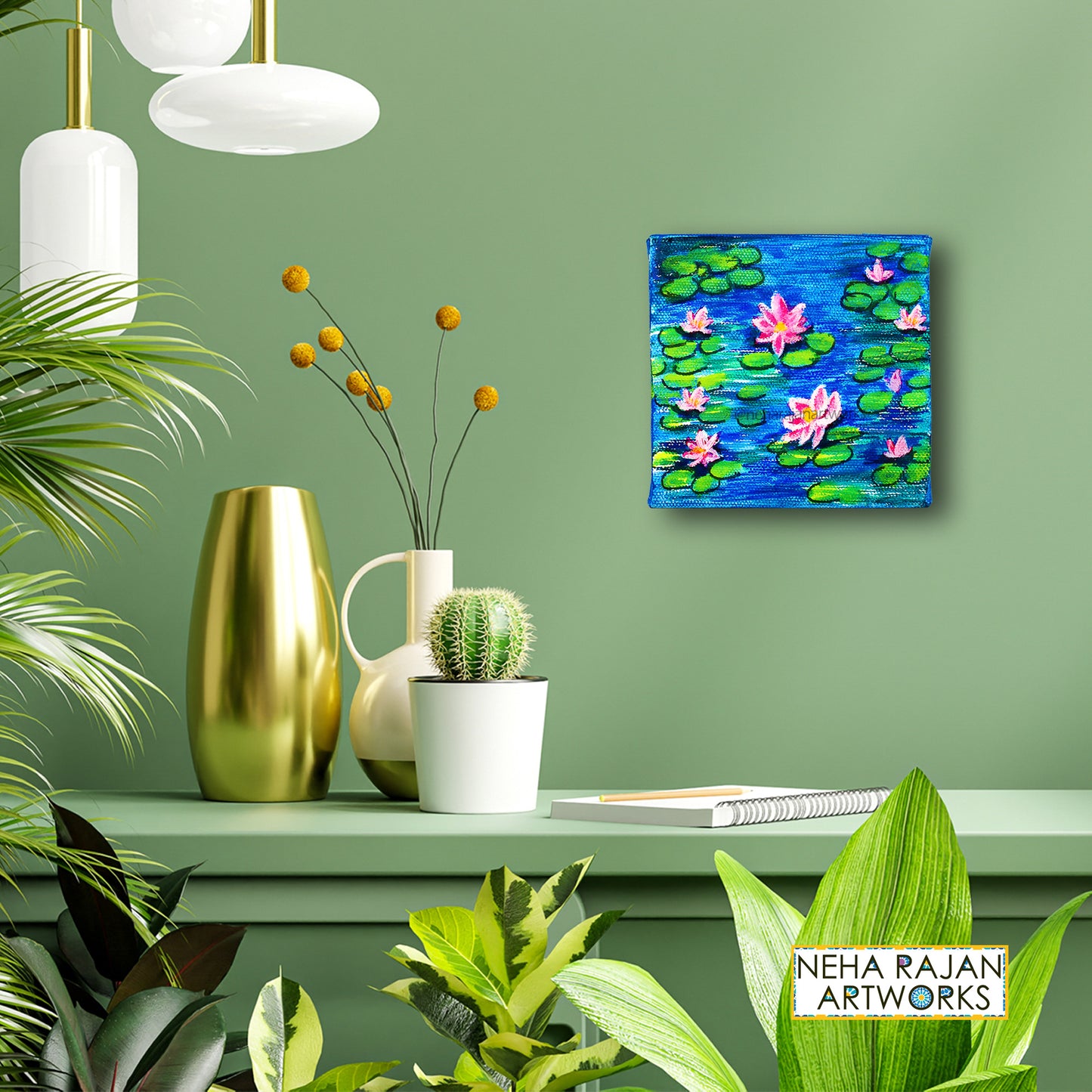 Neha Rajan Artworks Original Handmade Blue Lotus Painting Hand Painted On Canvas Frame 4*4