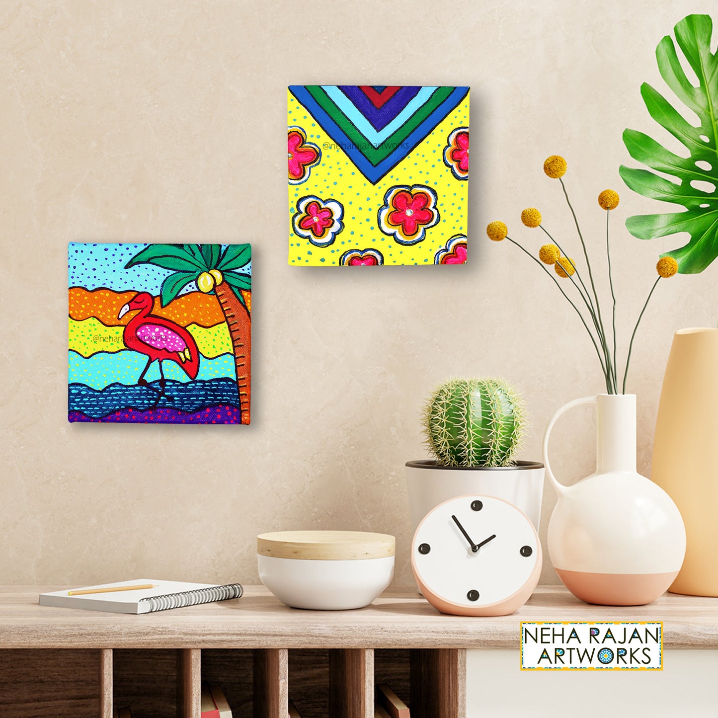Neha Rajan Artworks Original Handmade Hippie Floral Retro Art Painting Hand Painted On Canvas Frame 6*6