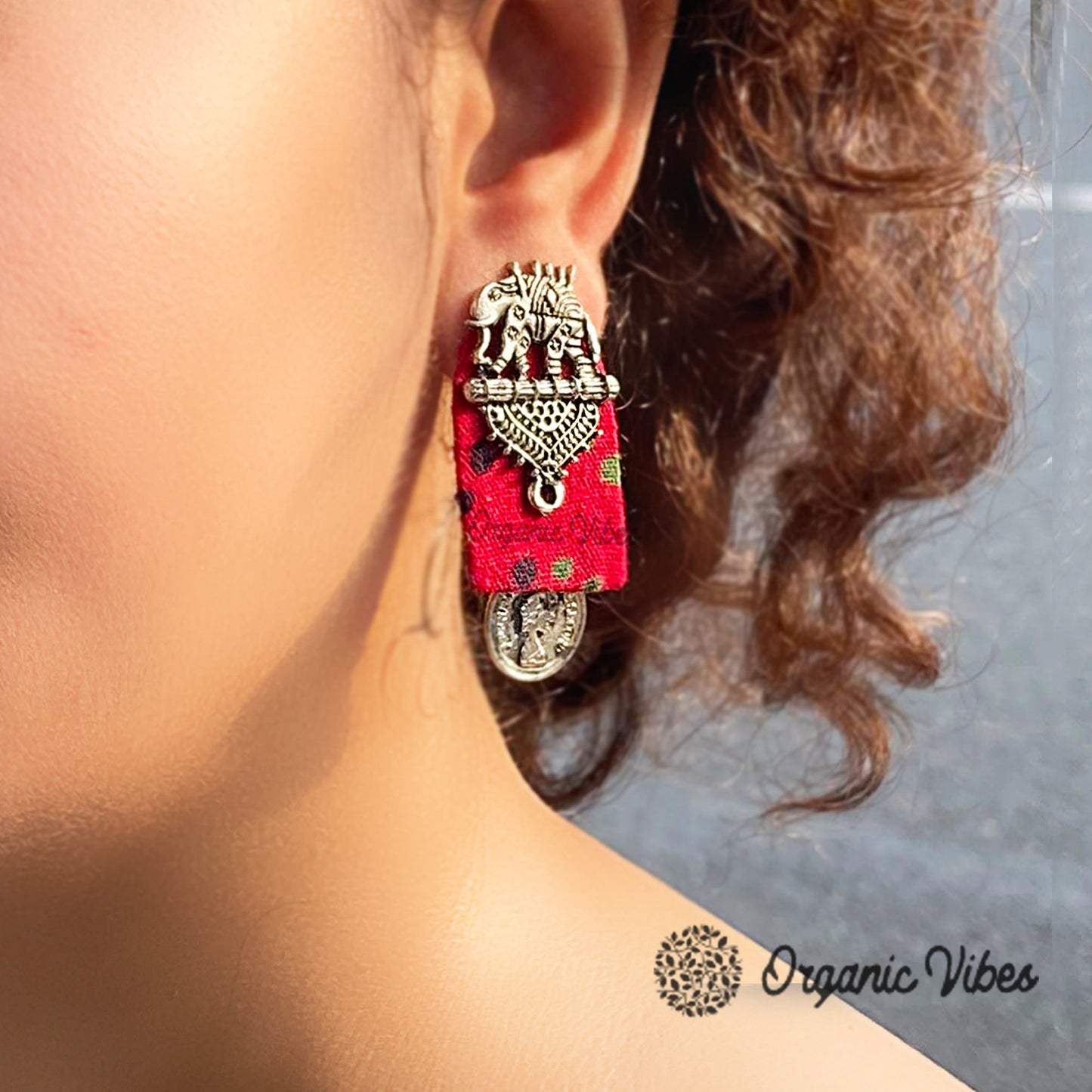 Organic Vibes Handmade Elephant Design Red With Antique Coin Studded Fabric Earrings For Women