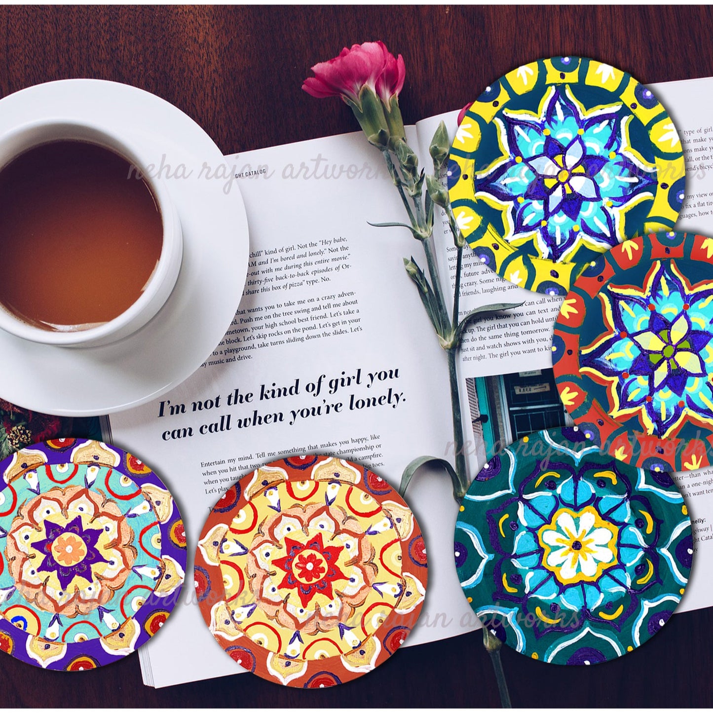 Neha Rajan Artworks Original Wooden Round Coffee/ Tea Coasters Set- Handcrafted & Hand-Painted Floral Mandala Coaster with Easel for Kitchen/Table & Home Decor/Gifts/Restaurants/Living Room/Coffee Table (Set of 4)