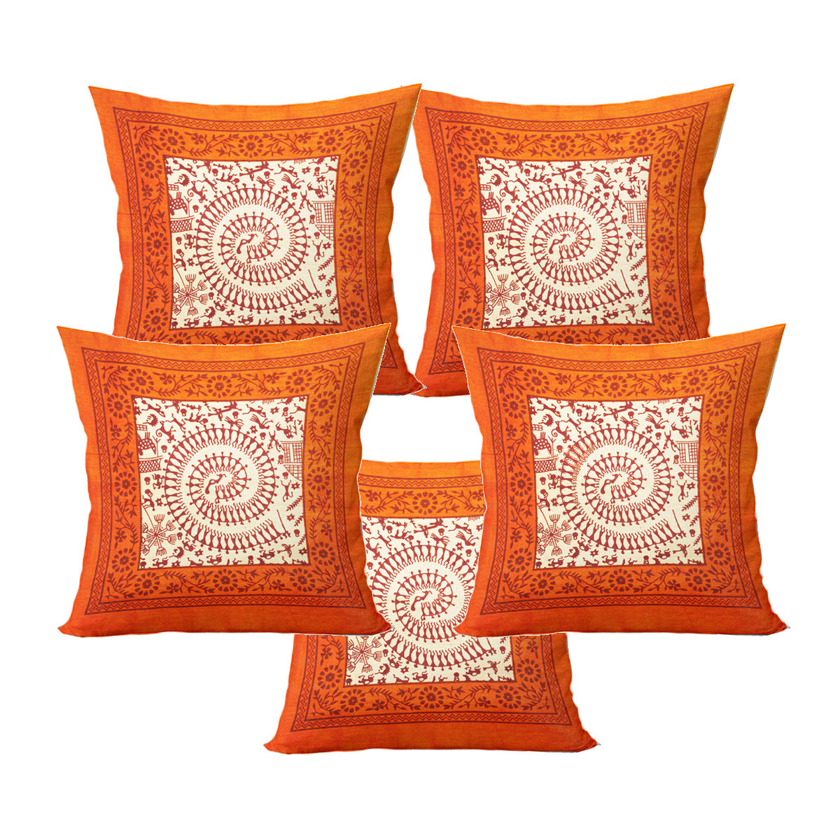 Organic Vibes Orange Warli Art Tribal Design Cotton Cushion Covers (Set of 5)