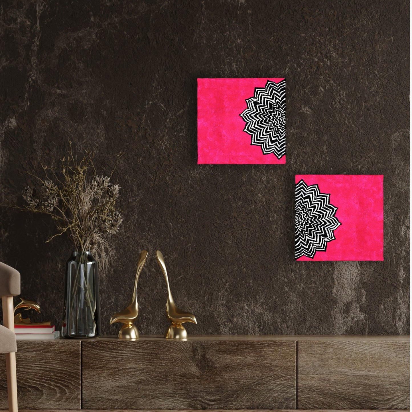 Neha Rajan Artworks Original Handmade Hot Pink Mandala Painting Hand Painted On Canvas Frame 6*6
