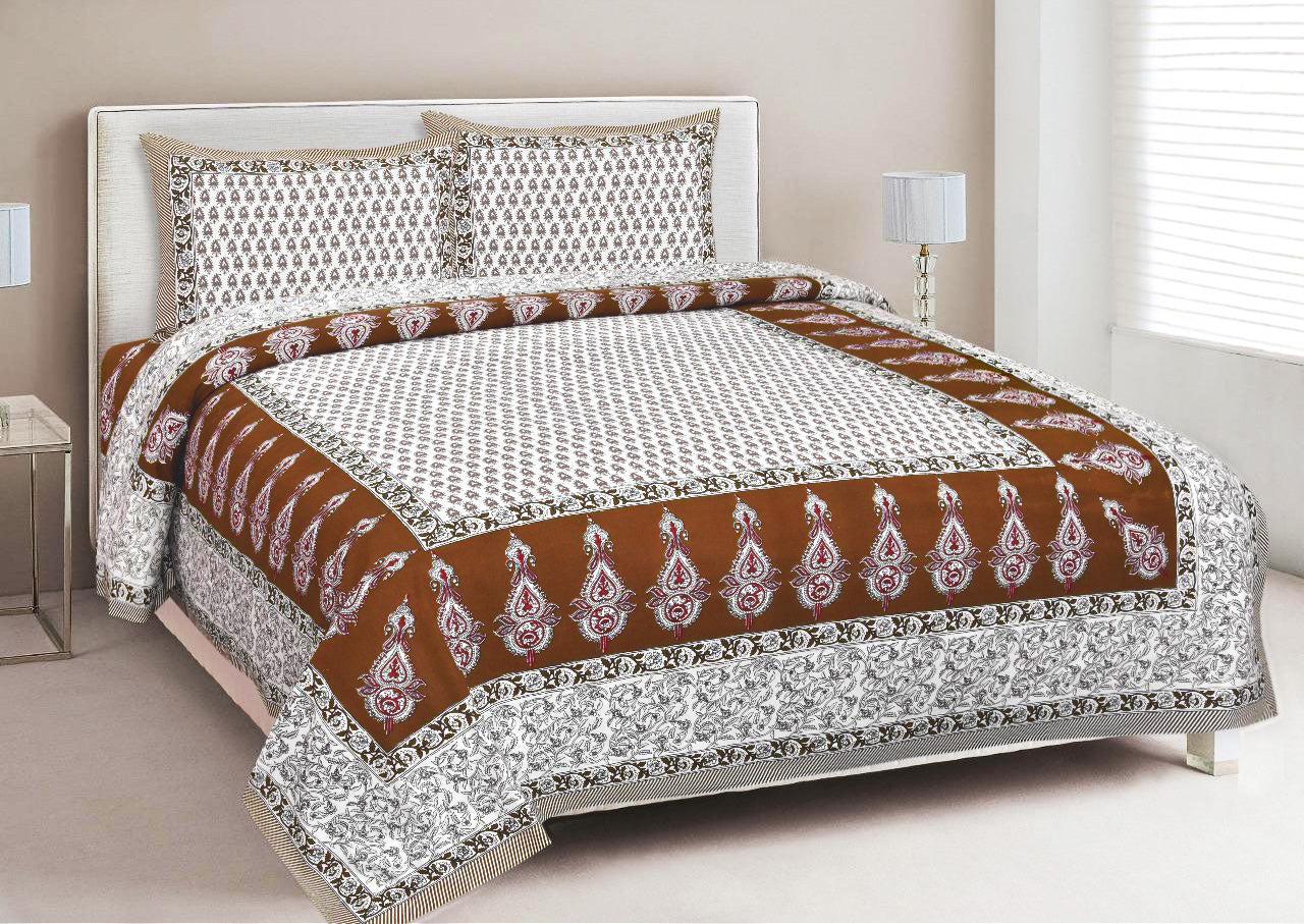 Organic Vibes Brown Block printed Motifs on White Bedsheet with Pillow cover