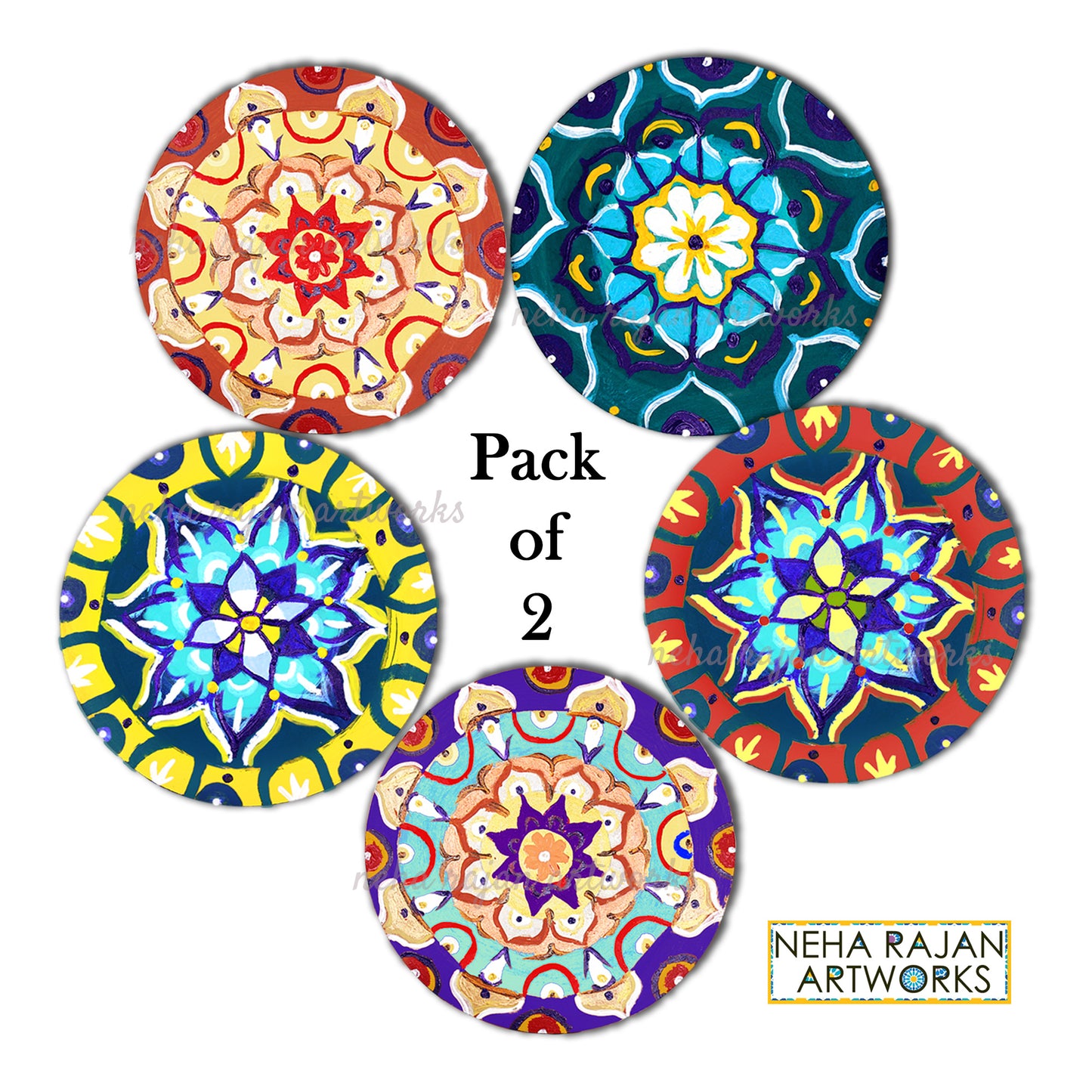 Neha Rajan Artworks Original Wooden Round Coffee/ Tea Coasters Set- Handcrafted & Hand-Painted Floral Mandala Coaster with Easel for Kitchen/Table & Home Decor/Gifts/Restaurants/Living Room/Coffee Table (Set of 2)