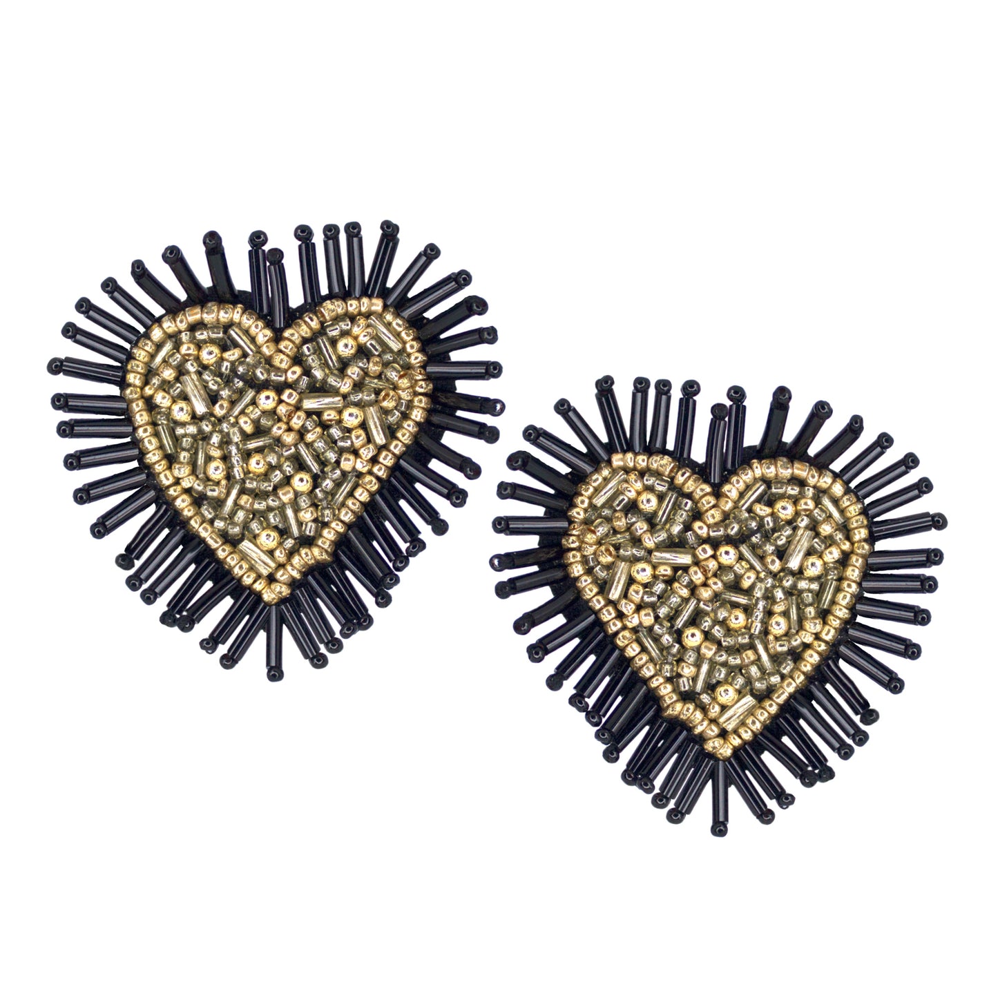 Organic Vibes Handmade Black Heart Shape Beaded Big Stud Fabric Earrings For Women