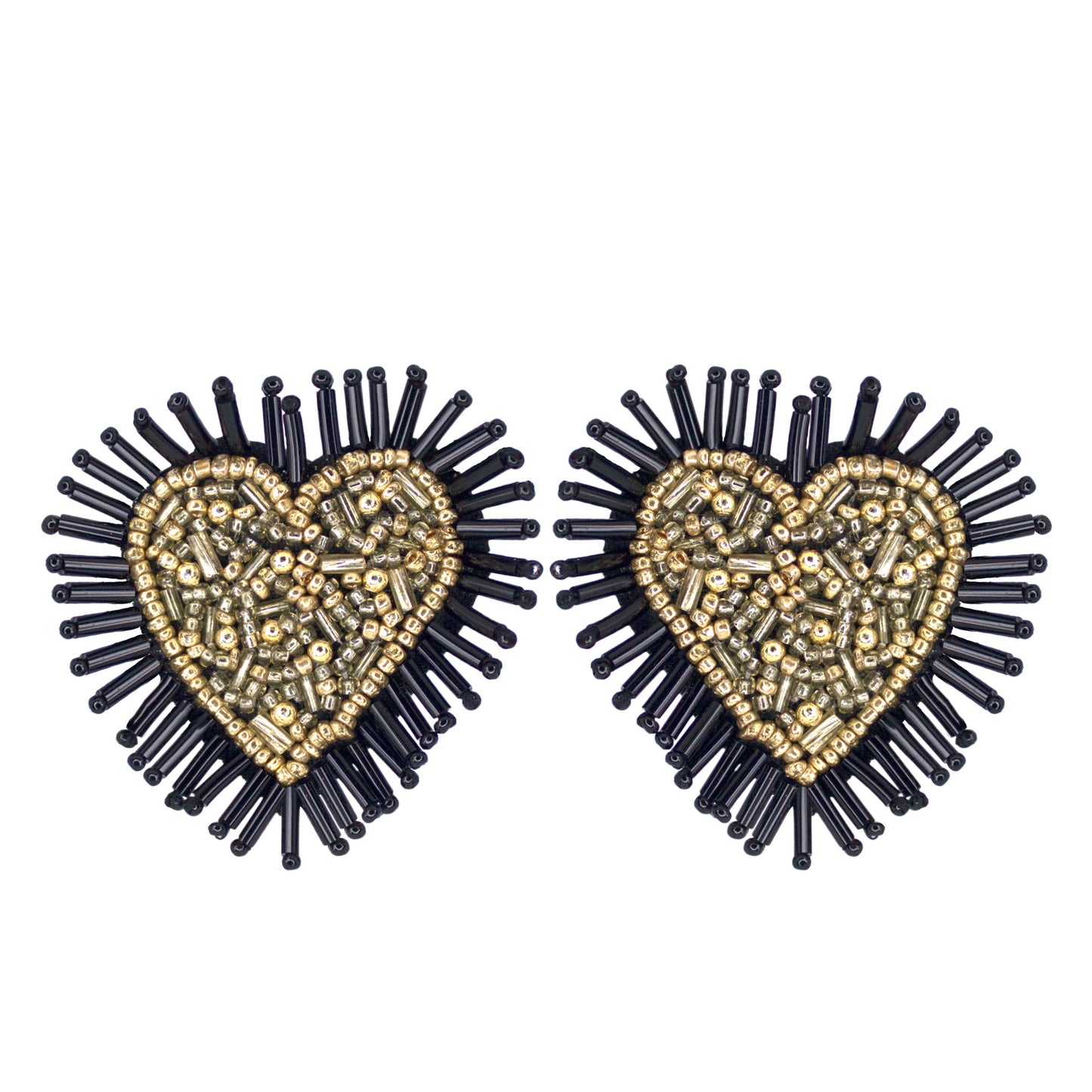 Organic Vibes Handmade Black Heart Shape Beaded Big Stud Fabric Earrings For Women