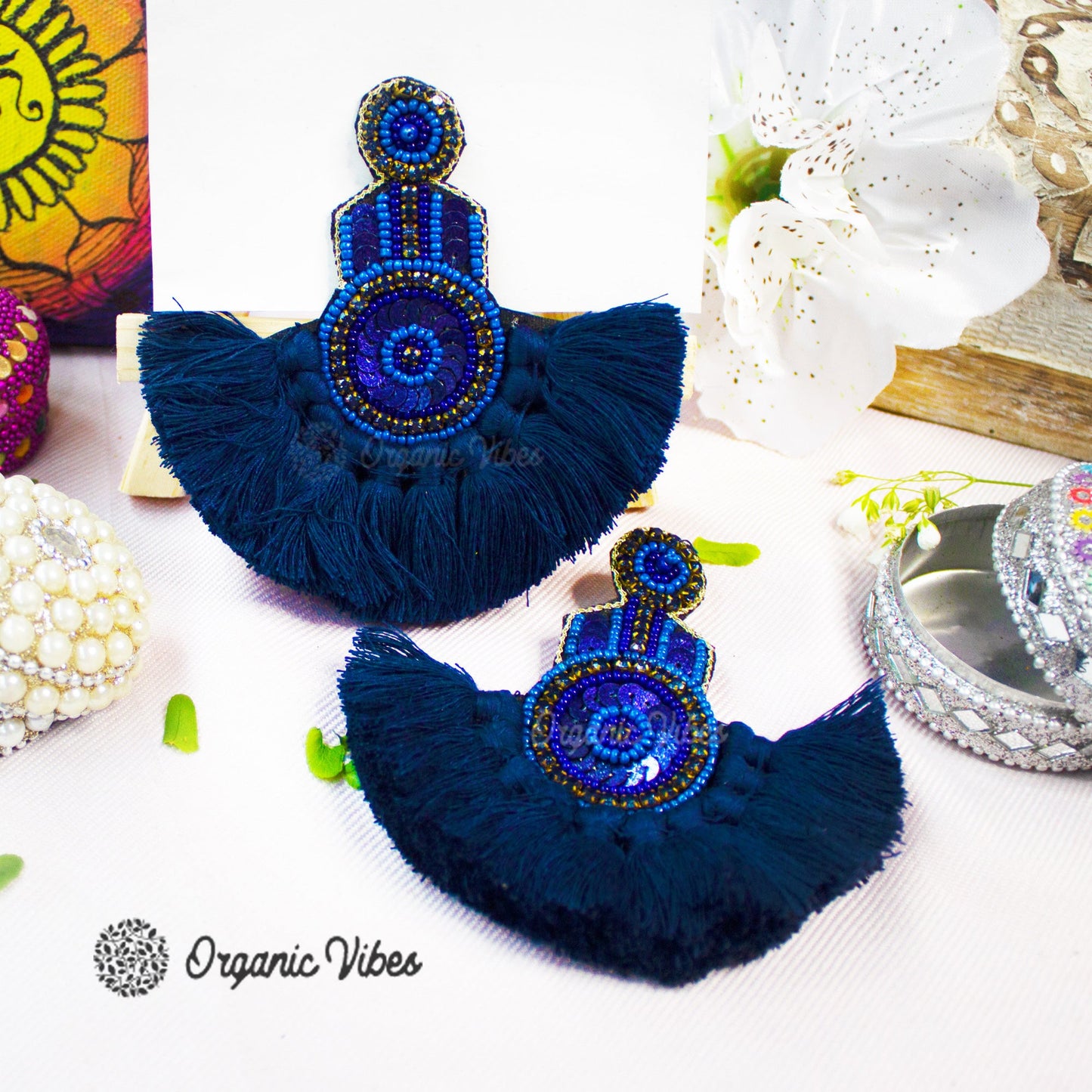 Organic Vibes Handmade Beaded Blue Floral Design Tassel Dangler Fabric Earrings For Women