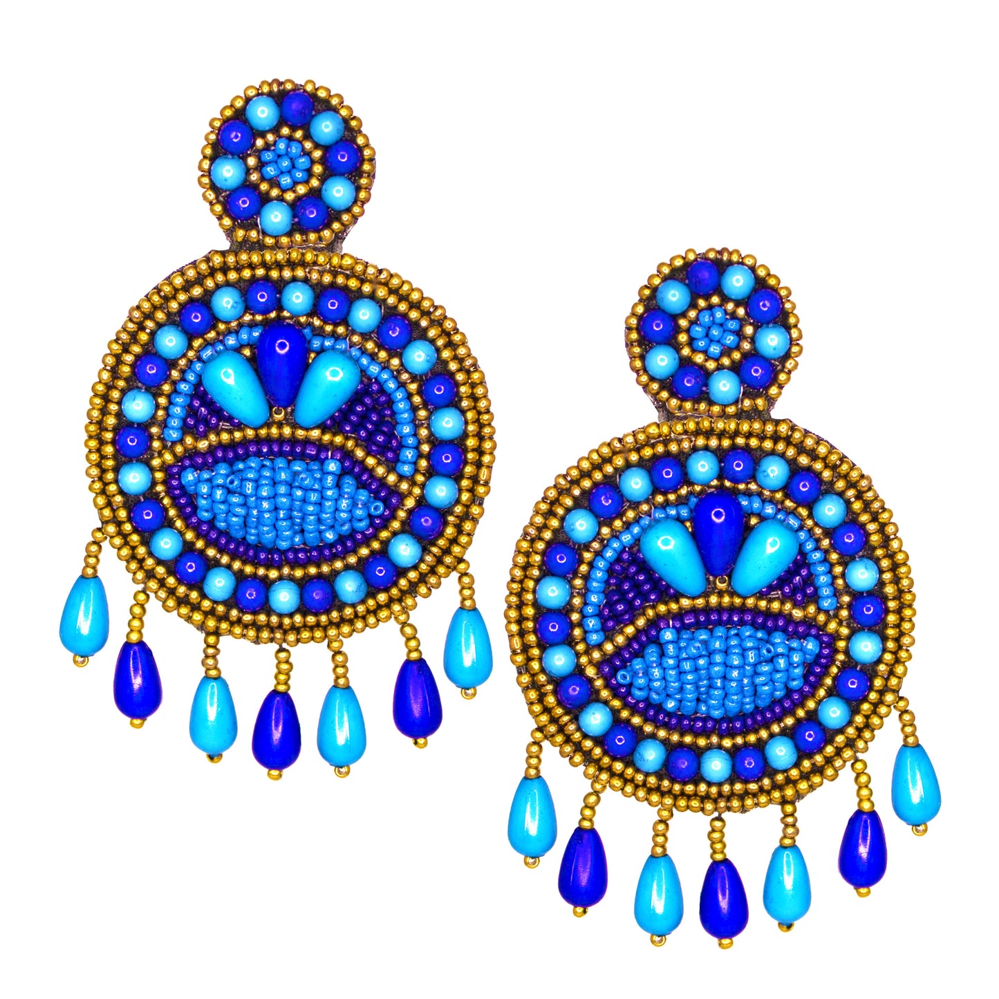 Organic Vibes Blue Hand Embroidered Beaded Upcycled Fabric Earrings For Girls