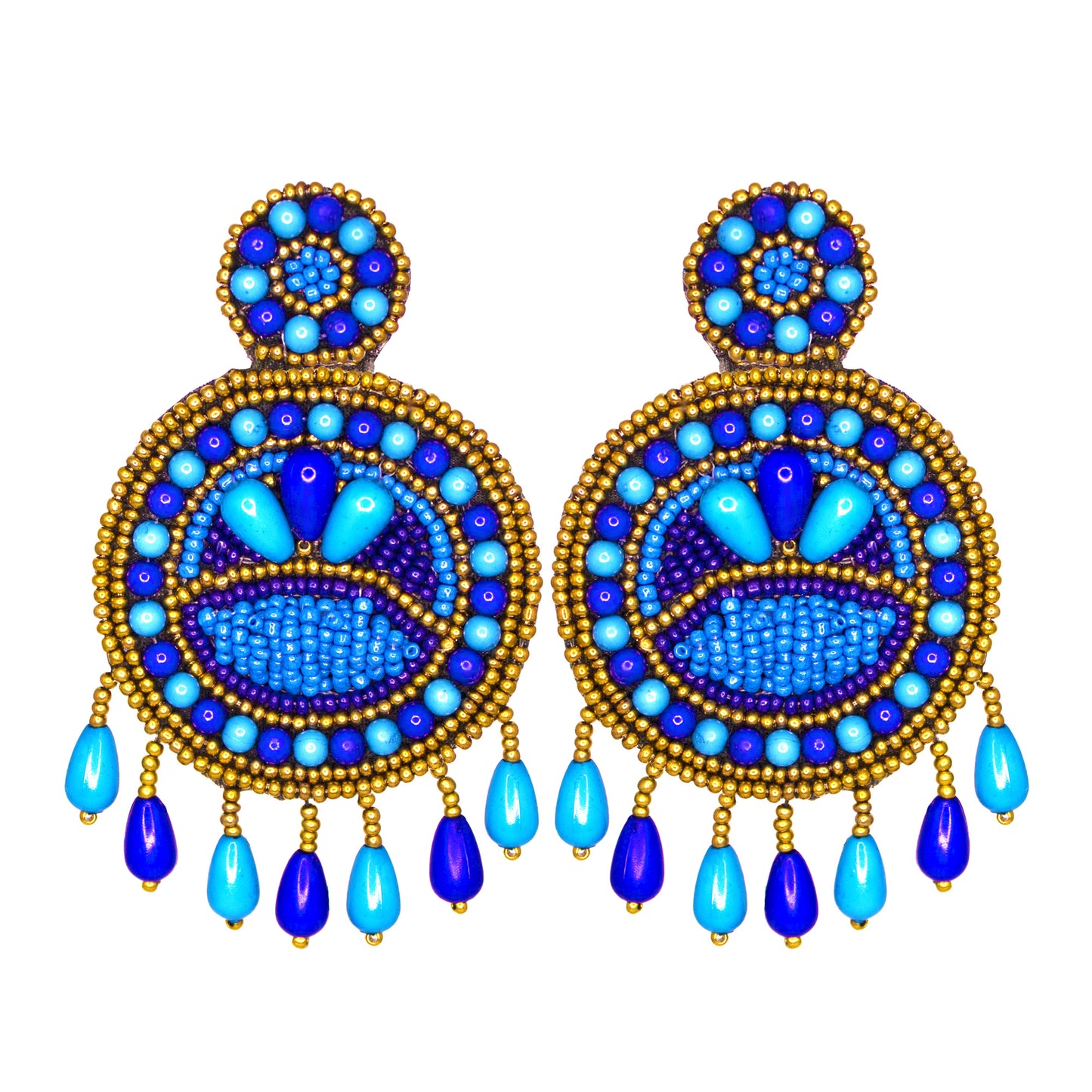 Organic Vibes Blue Hand Embroidered Beaded Upcycled Fabric Earrings For Girls