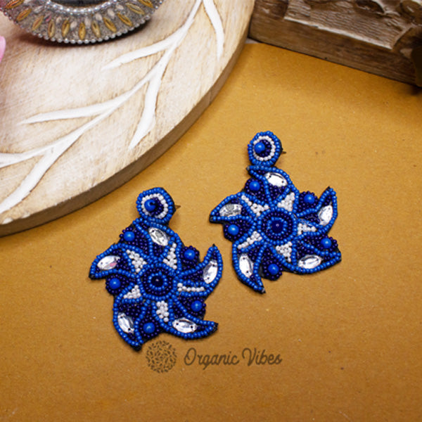 Abhinn Blue Hand-Embroidered Beaded Fabric Floral Dangler Earrings For Girls