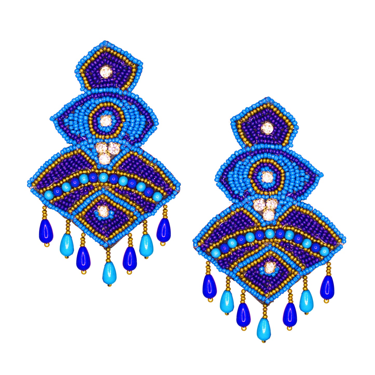 Organic Vibes Blue Hand Embroidered Beaded Upcycled Fabric Earrings For Girls