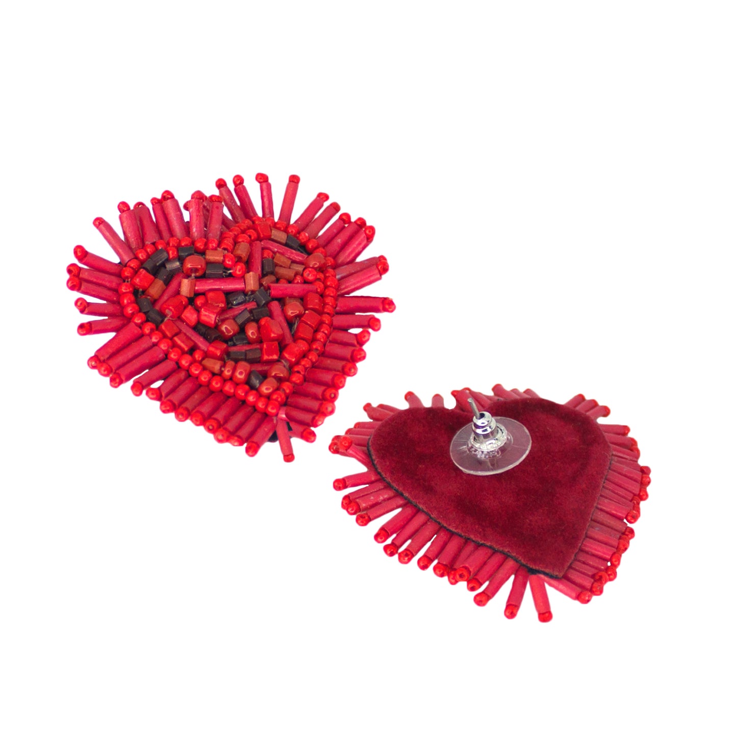 Organic Vibes Handmade Red Heart Shape Beaded Big Stud Fabric Earrings For Women