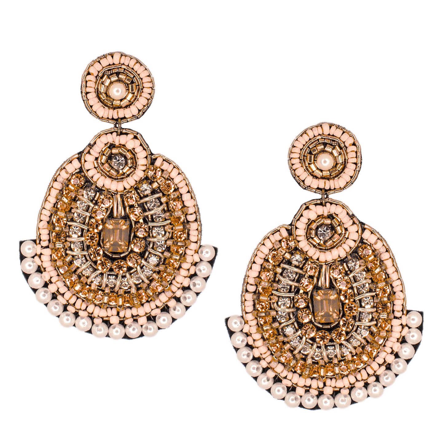 Organic Vibes Handmade Temple Design Beaded Multi Colour Dangler Fabric Earrings For Women