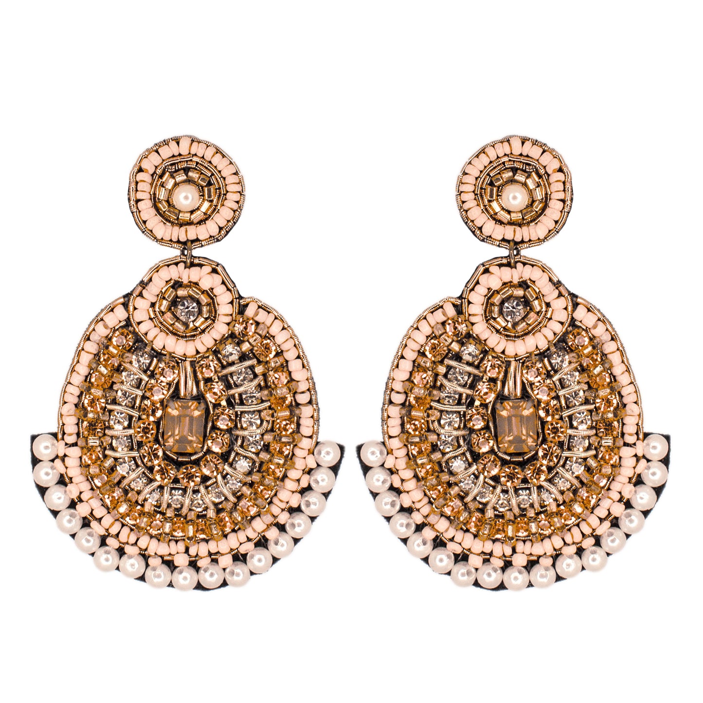 Organic Vibes Handmade Temple Design Beaded Multi Colour Dangler Fabric Earrings For Women