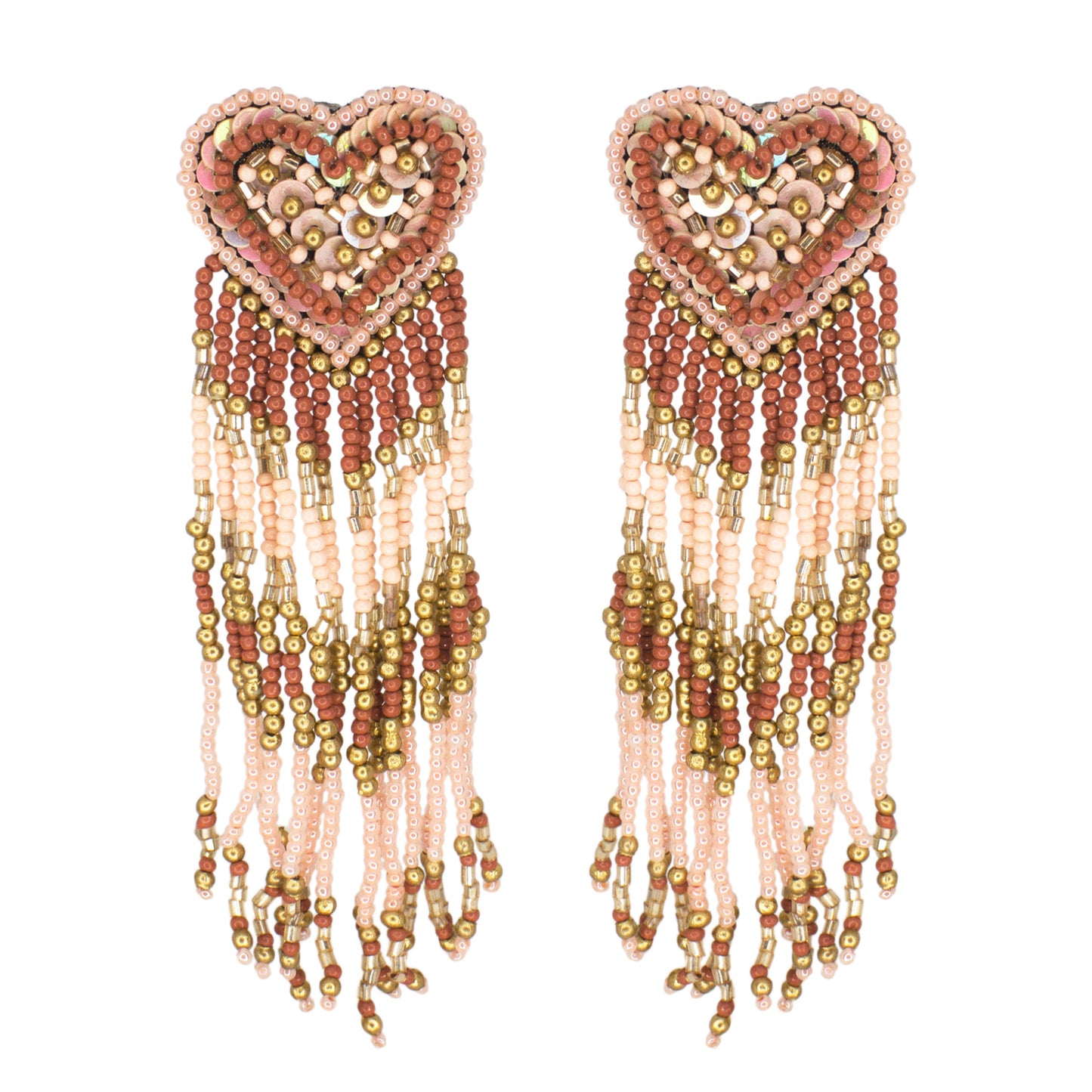 Organic Vibes Handmade Embroidered Pink Heart Shape Beaded Stud With Hanging Beads Fabric Earrings For Women
