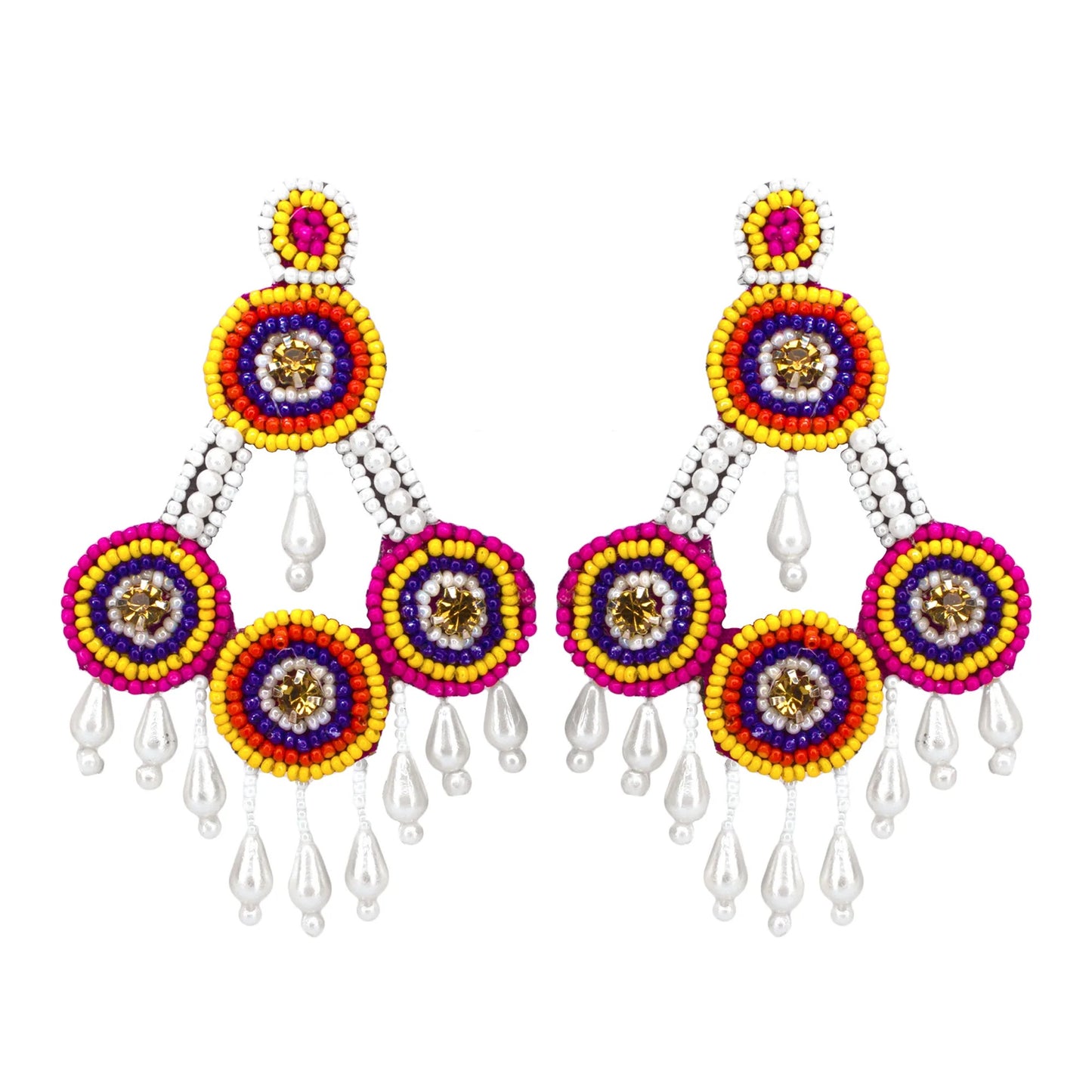 Organic Vibes Multi-Color Hand Embroidered Beaded Fabric Upcycled Earrings For Girls