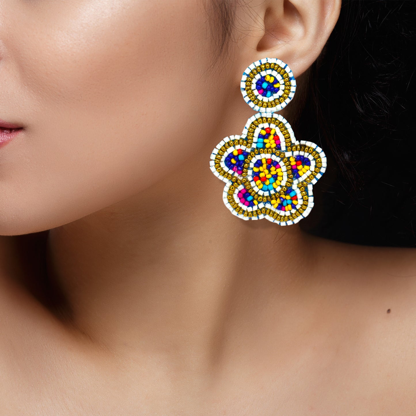 Organic Vibes Multi-color Hand-embroidered Upcycled Floral Beaded Fabric Earrings For Girls