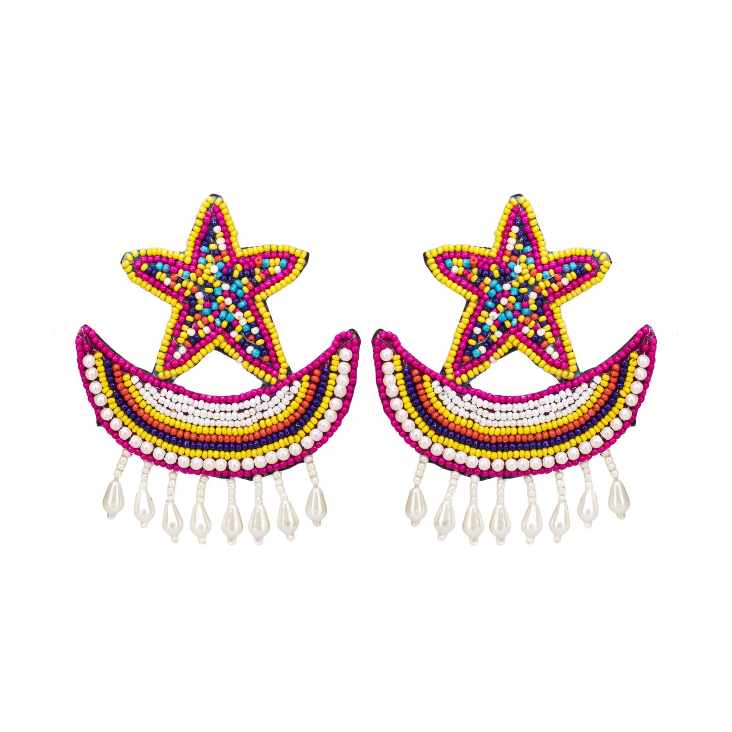 Organic Vibes Star Moon Multi-Color Hand Embroidered Beaded Upcycled Fabric Earrings For Girls