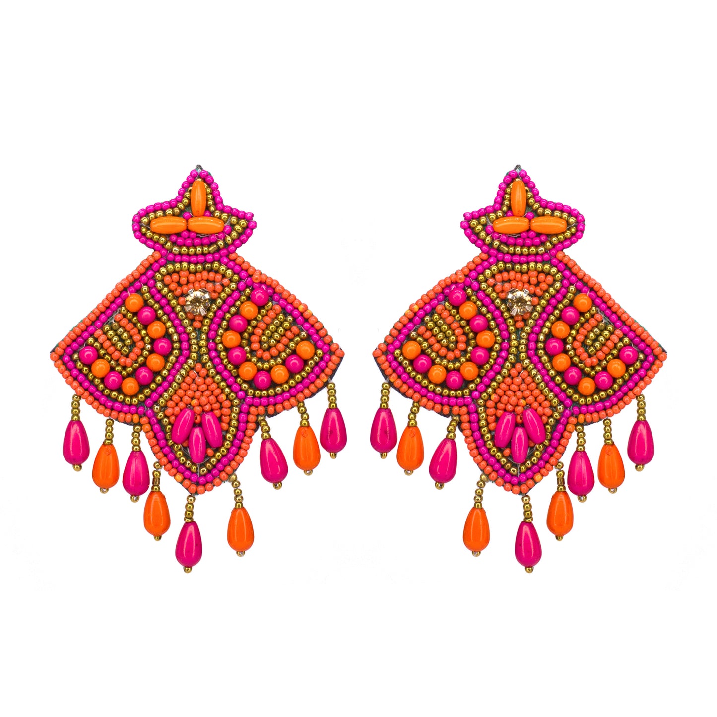 Organic Vibes Pink Orange Hand Embroidered Upcycled Beaded Fabric Earrings For Girls