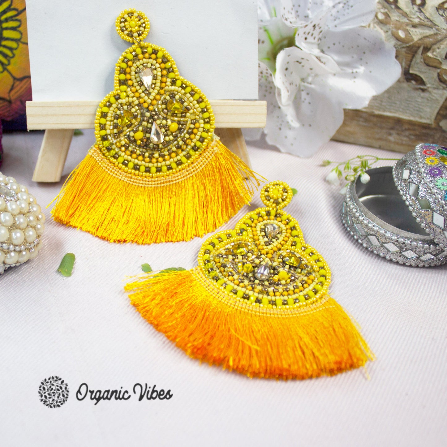 Organic Vibes Handmade Beaded Yellow Floral Design Tassel Dangler Fabric Earrings For Women