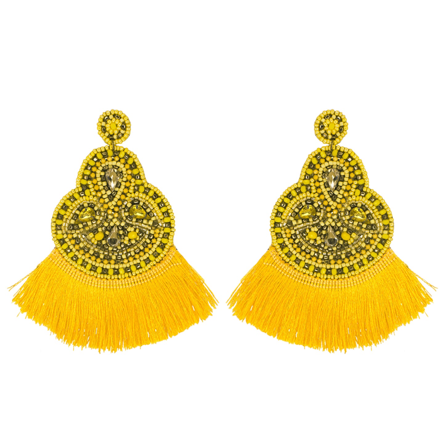 Organic Vibes Handmade Beaded Yellow Floral Design Tassel Dangler Fabric Earrings For Women