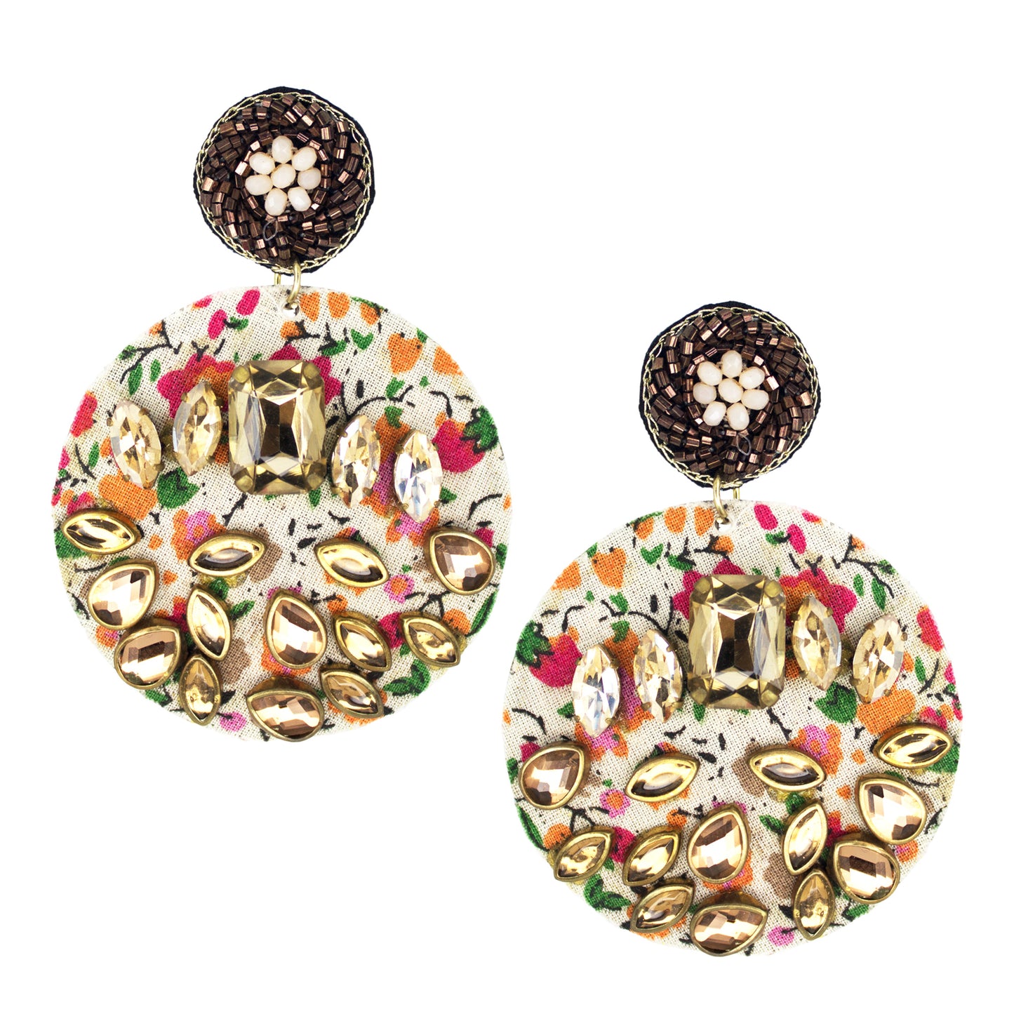 Organic Vibes Handmade Floral Design Multi Colour With CZ Stones Dangler Fabric Earrings For Women