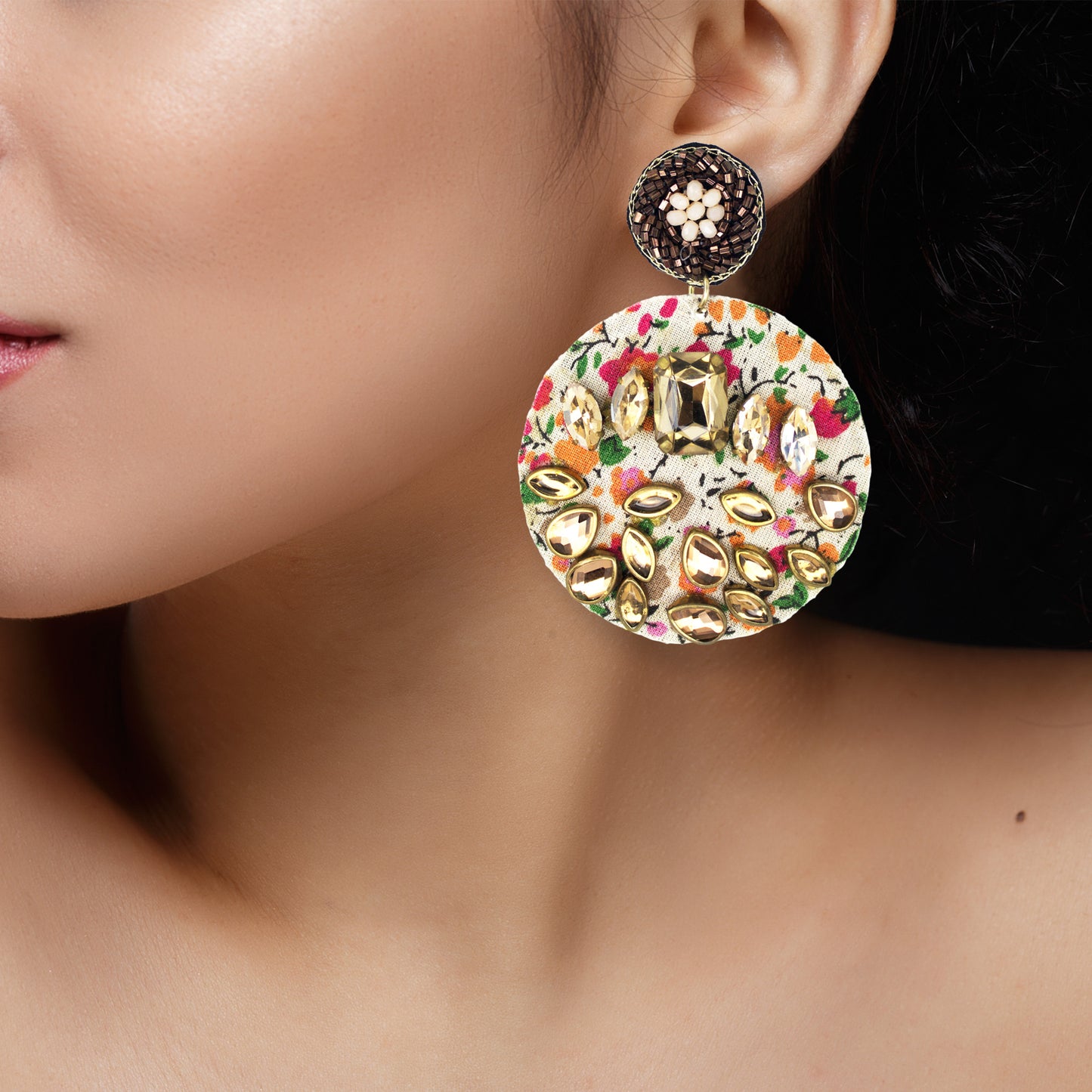 Organic Vibes Handmade Floral Design Multi Colour With CZ Stones Dangler Fabric Earrings For Women