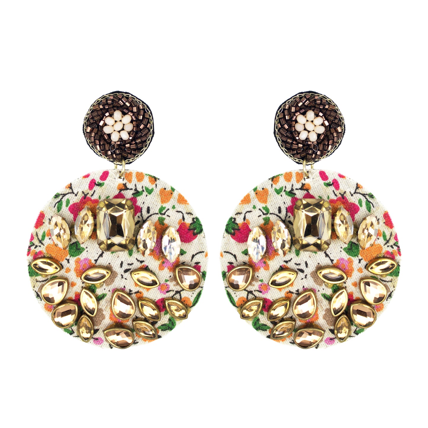 Organic Vibes Handmade Floral Design Multi Colour With CZ Stones Dangler Fabric Earrings For Women