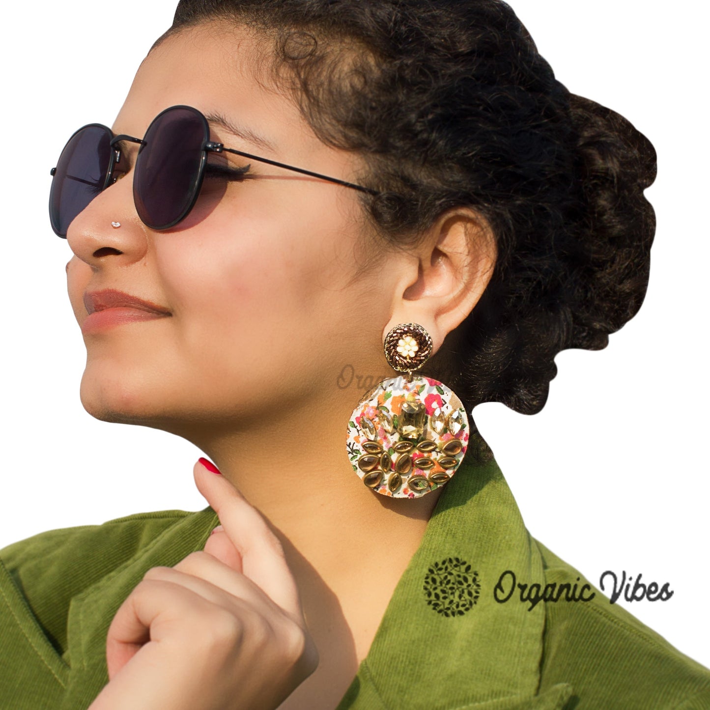Organic Vibes Handmade Floral Design Multi Colour With CZ Stones Dangler Fabric Earrings For Women