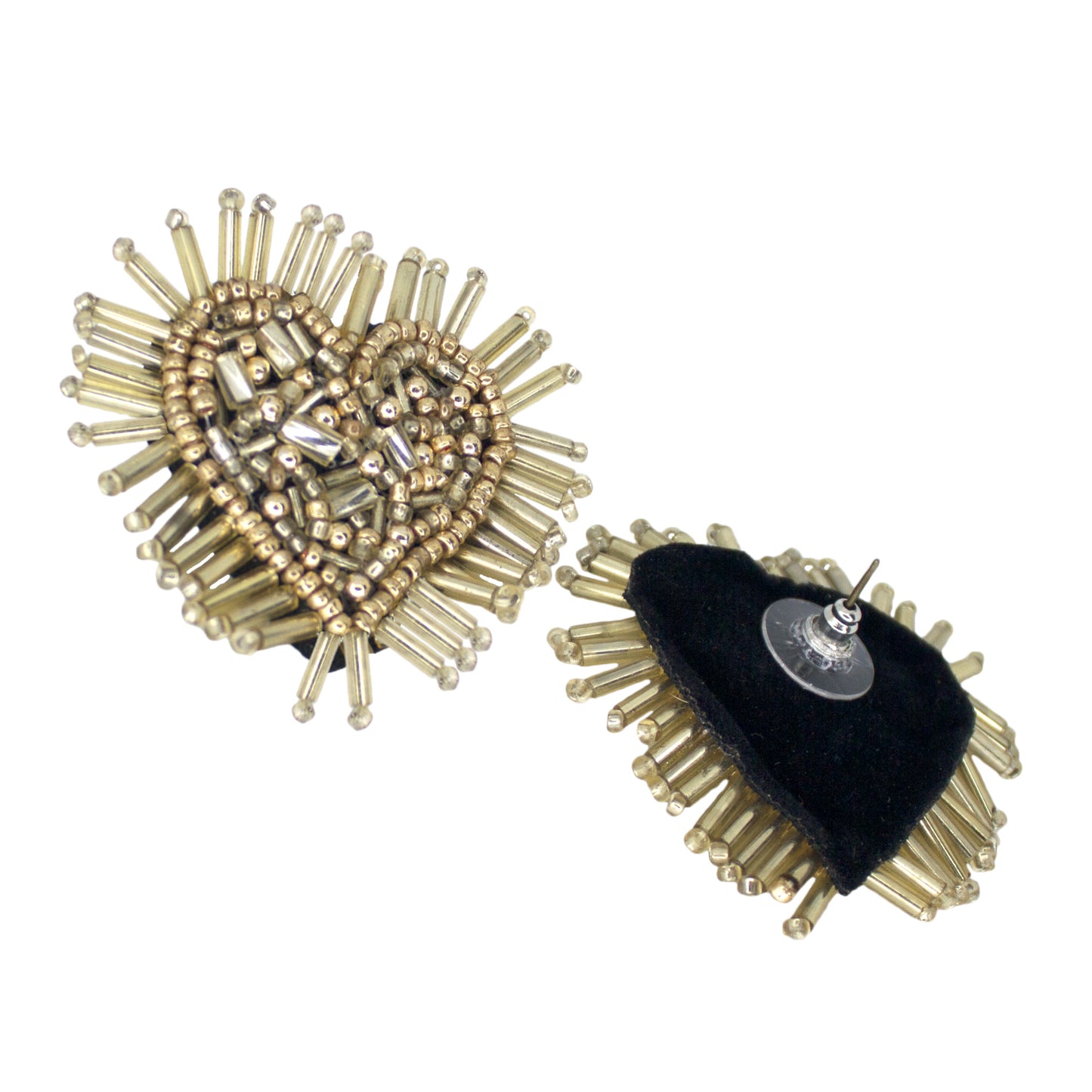 Organic Vibes Handmade Golden Heart Shape Beaded Big Stud Fabric Earrings For Women