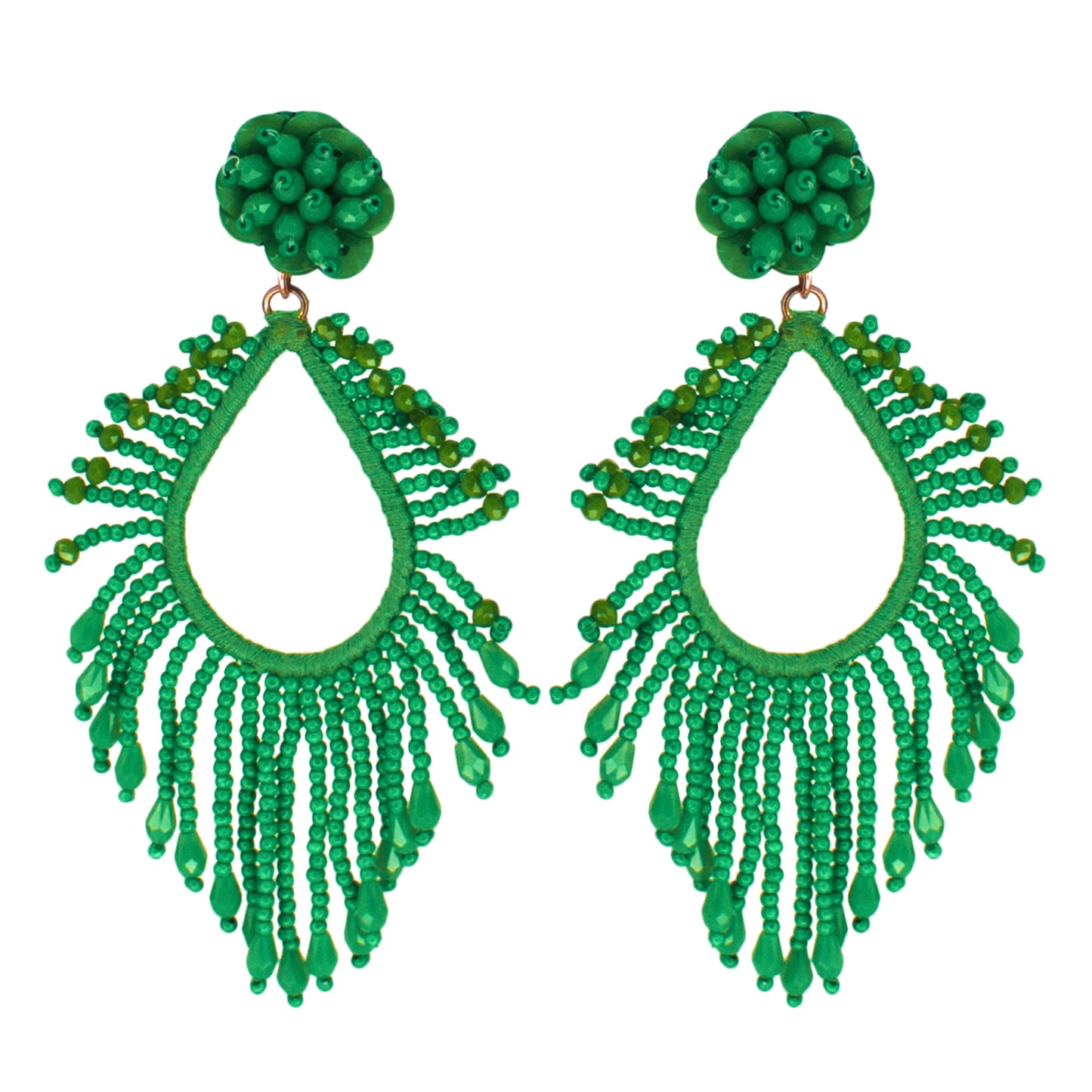 Organic Vibes Handmade Beaded Green Drop Shape Dangler Earrings For Women
