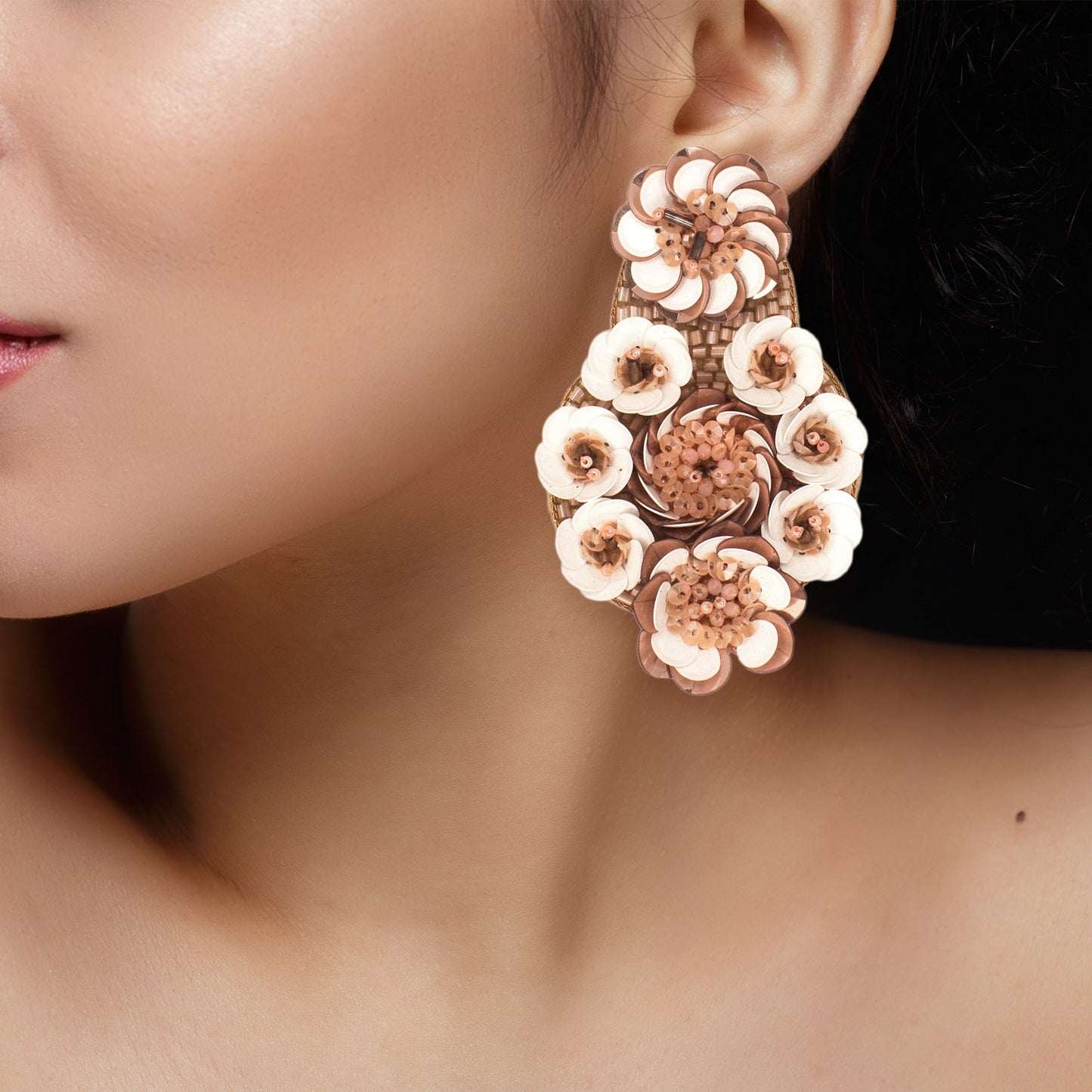 Organic Vibes Handmade Pink Floral Design Sequence Work Dangler Embroidered Earrings For Women