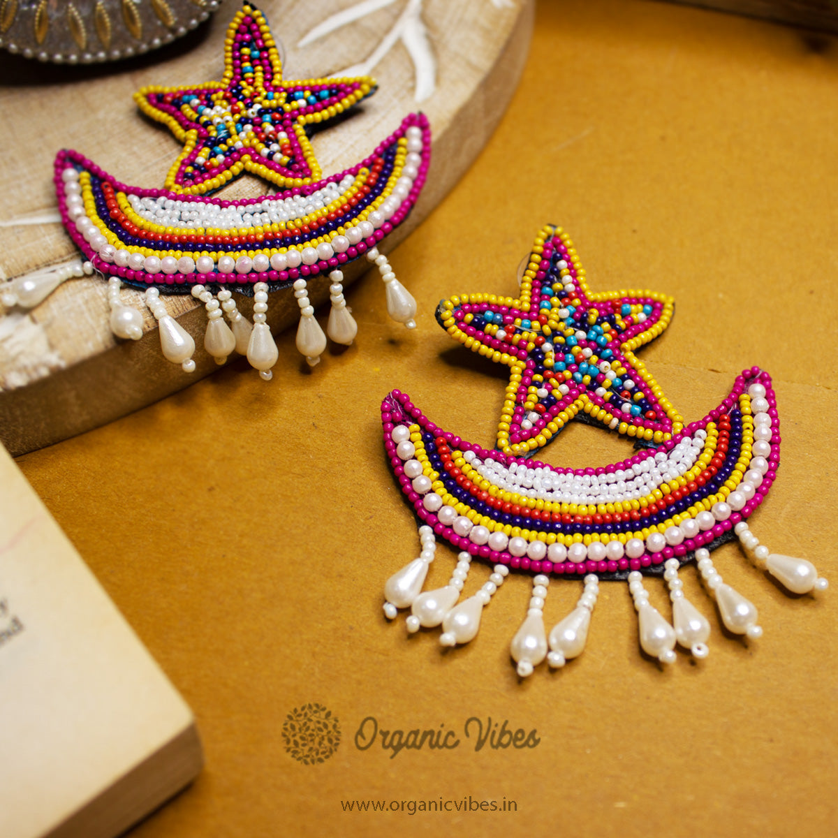 Organic Vibes Star Moon Multi-Color Hand Embroidered Beaded Upcycled Fabric Earrings For Girls