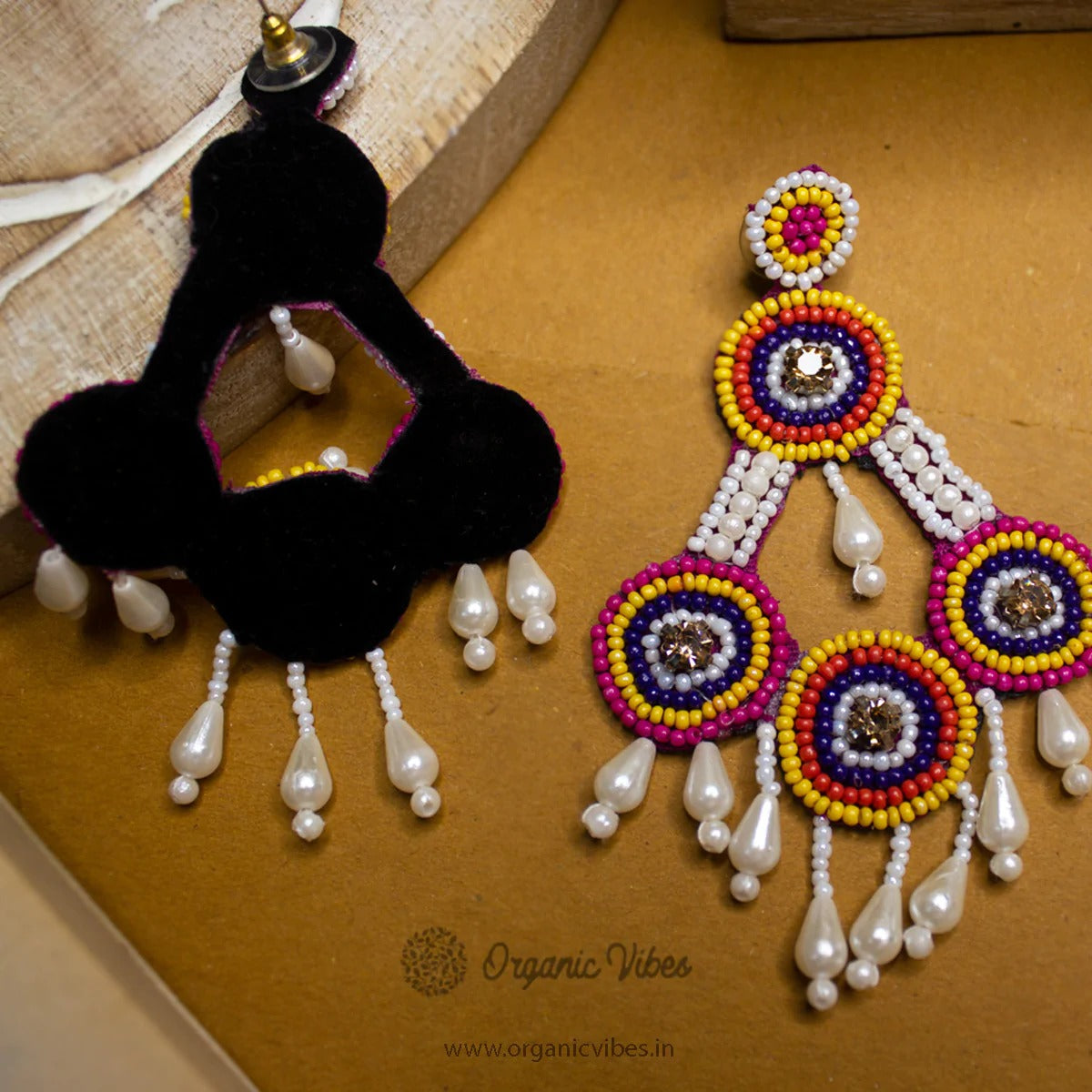 Organic Vibes Multi-Color Hand Embroidered Beaded Fabric Upcycled Earrings For Girls