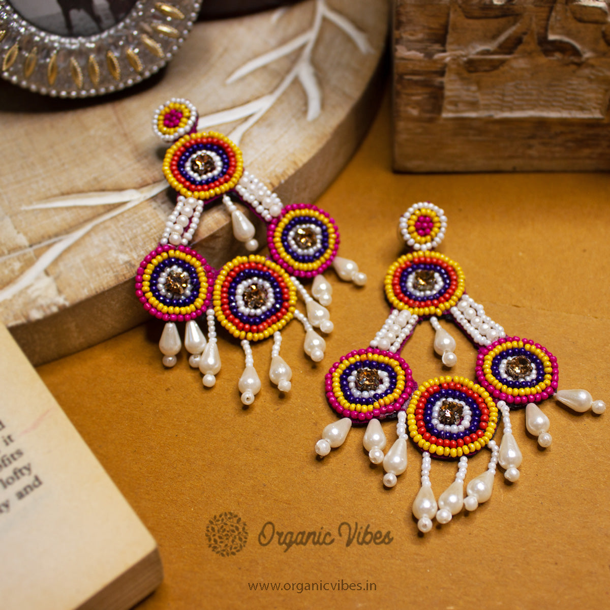 Organic Vibes Multi-Color Hand Embroidered Beaded Fabric Upcycled Earrings For Girls
