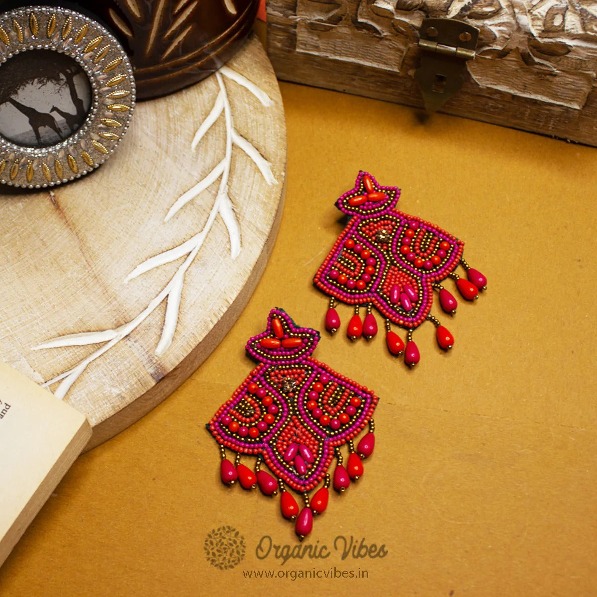 Organic Vibes Pink Orange Hand Embroidered Upcycled Beaded Fabric Earrings For Girls