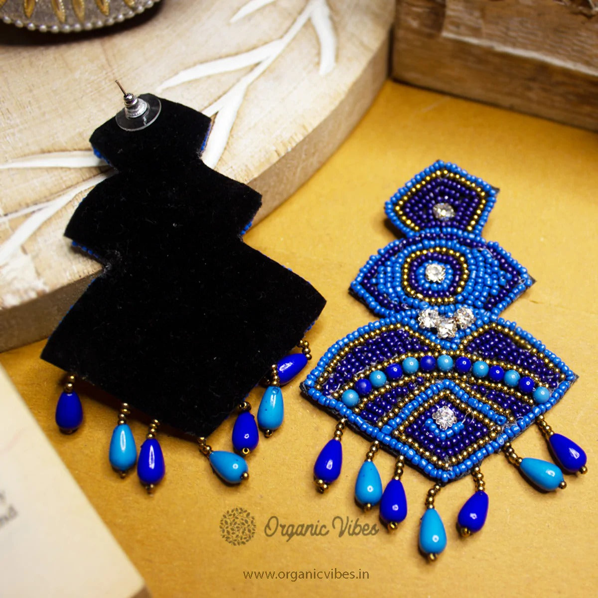 Organic Vibes Blue Hand Embroidered Beaded Upcycled Fabric Earrings For Girls