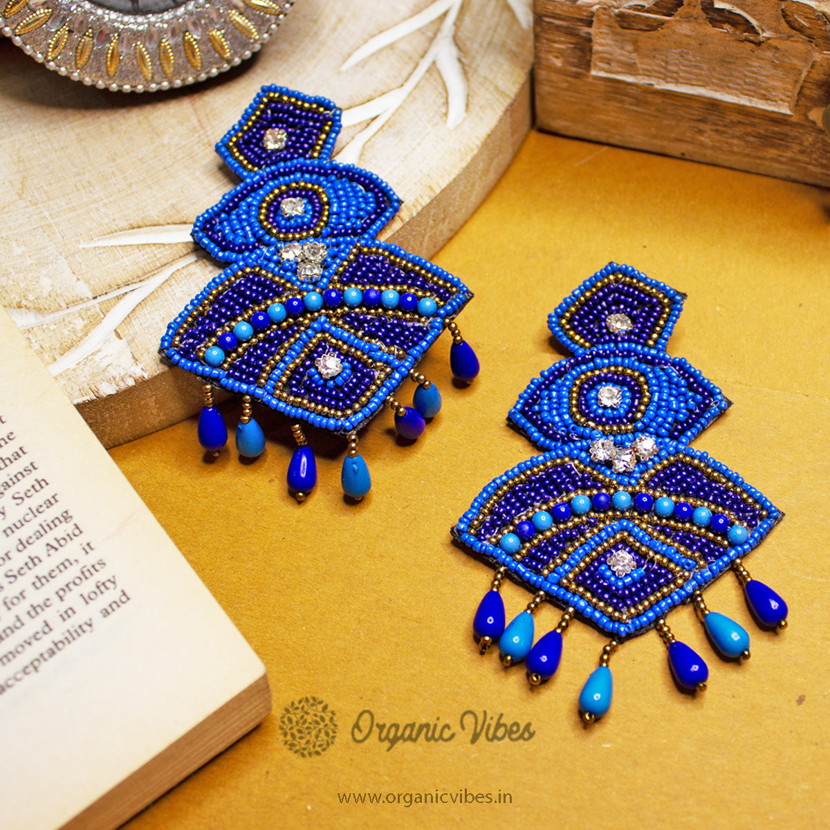 Organic Vibes Blue Hand Embroidered Beaded Upcycled Fabric Earrings For Girls