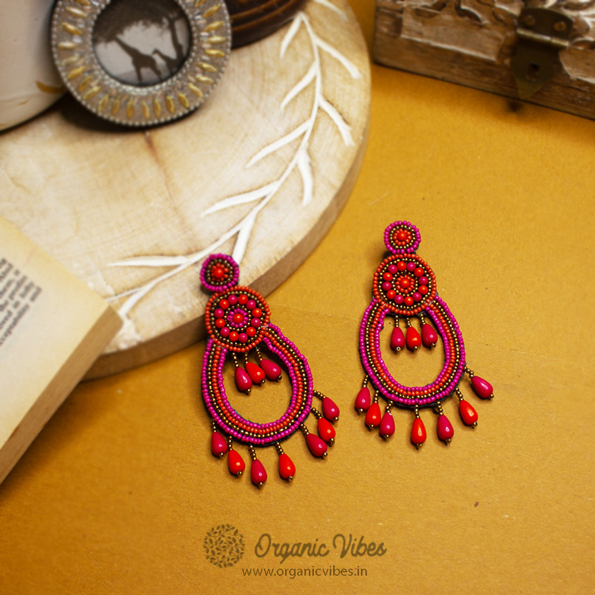 Organic Vibes Pink Orange Hand-Embroidered Upcycled Beaded Fabric Earrings For Girls