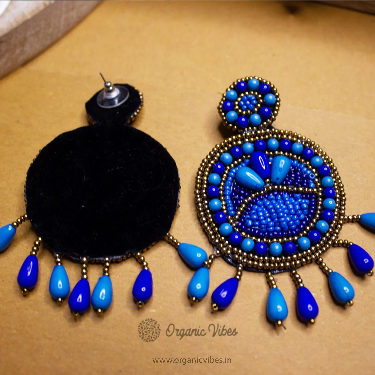 Organic Vibes Blue Hand Embroidered Beaded Upcycled Fabric Earrings For Girls