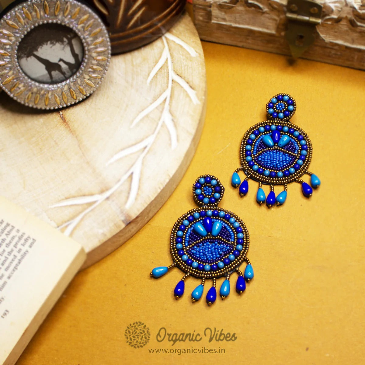 Organic Vibes Blue Hand Embroidered Beaded Upcycled Fabric Earrings For Girls