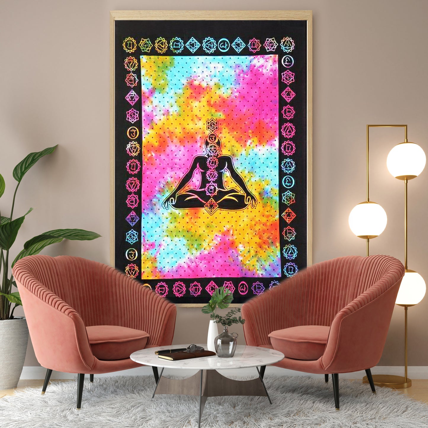 Black Tie-Dye Multi Color Buddha Chakras Single Tapestry Bedsheet