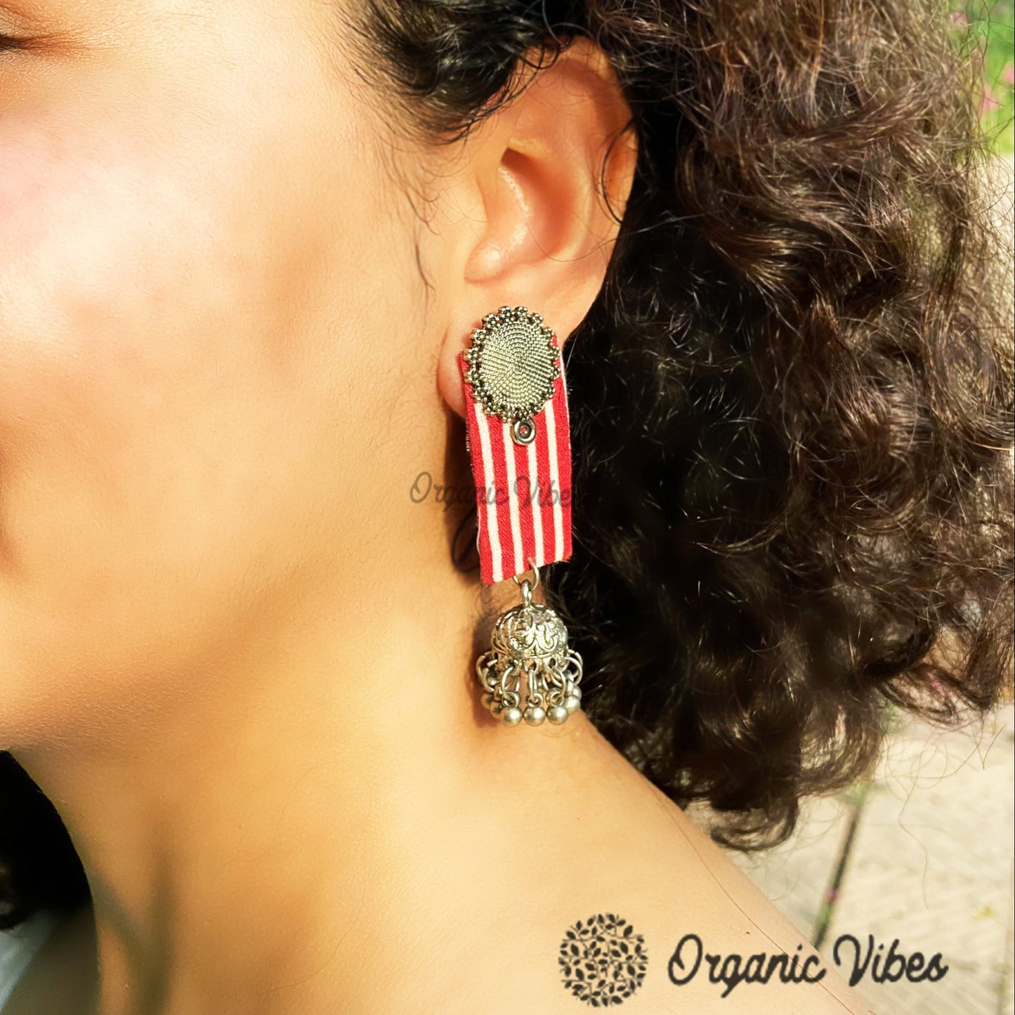 Organic Vibes Handmade Red And White Striped With Floral Stud And Jhumki Fabric Earrings For Women