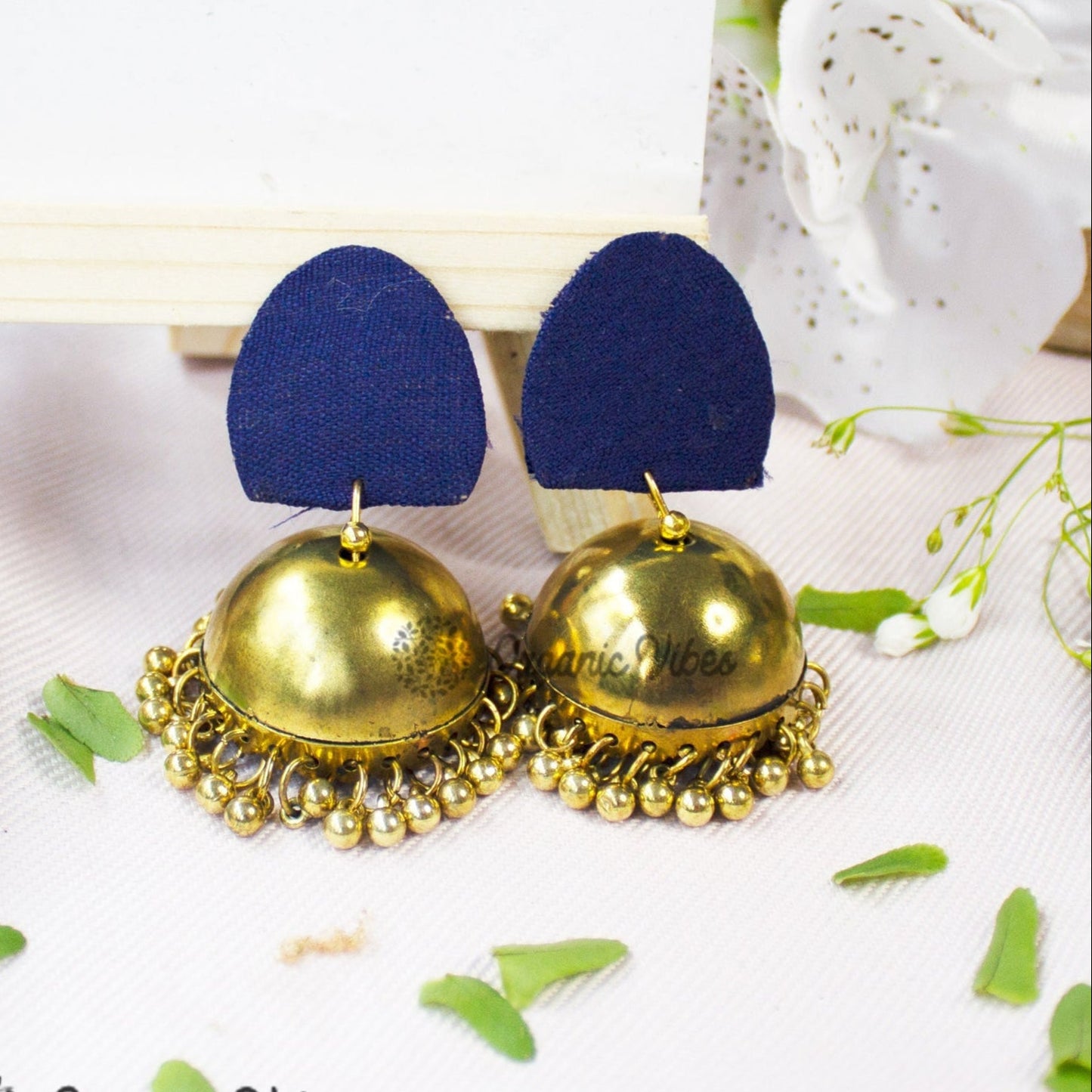 Organic Vibes Handmade Unique Geometric Blue Stud With Golden Jhumka Fabric Earrings For Women