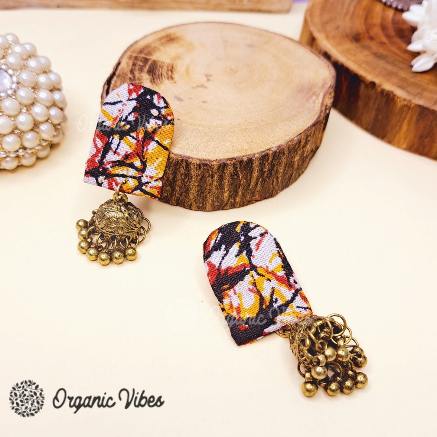 Organic Vibes Handmade Unique Multi Colour Tie Dye Print With Golden Jhumki Fabric Earrings For Women